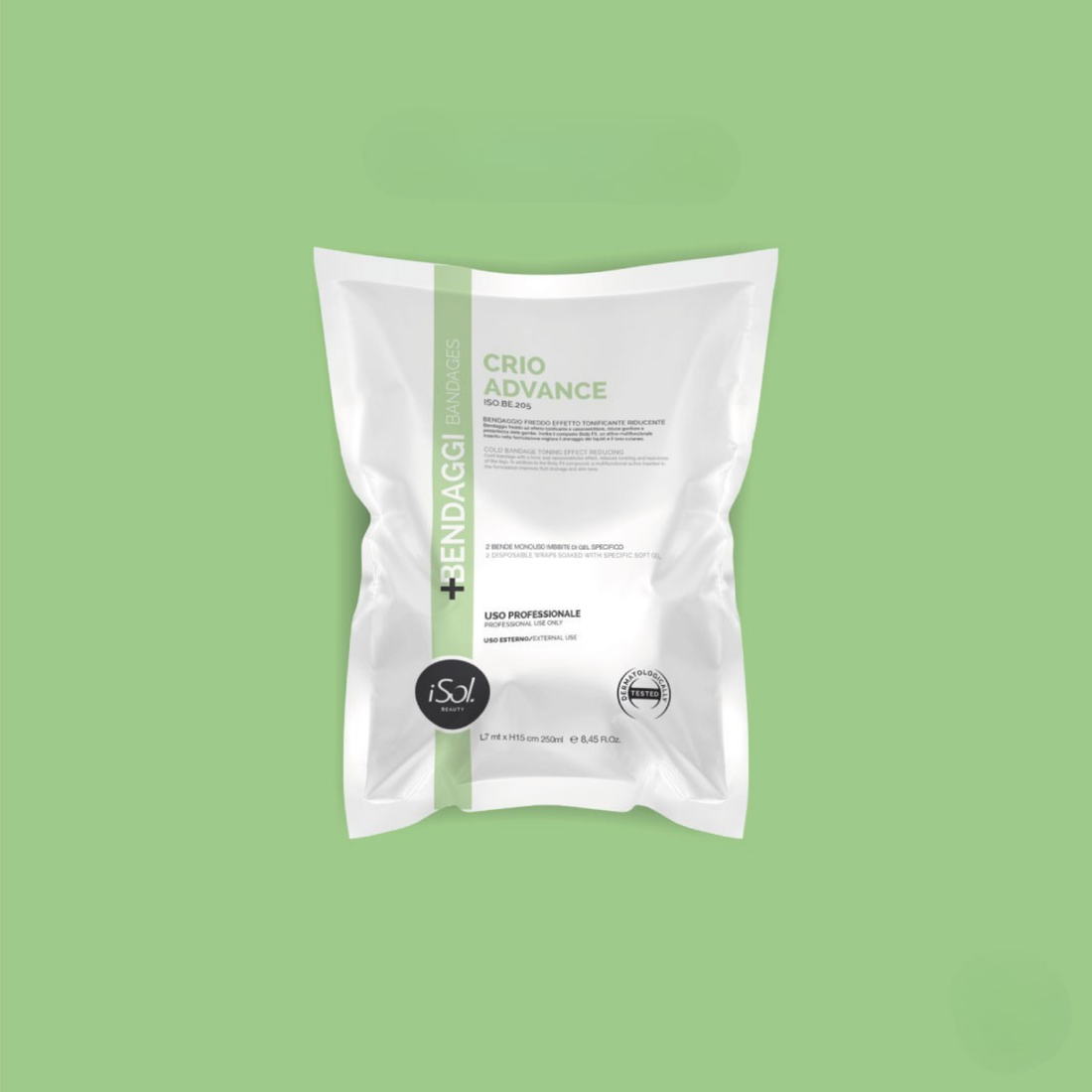 iSol.Beauty Bandage Crio Advance skin care product in a sleek container, designed for targeted skin treatment and rejuvenation.