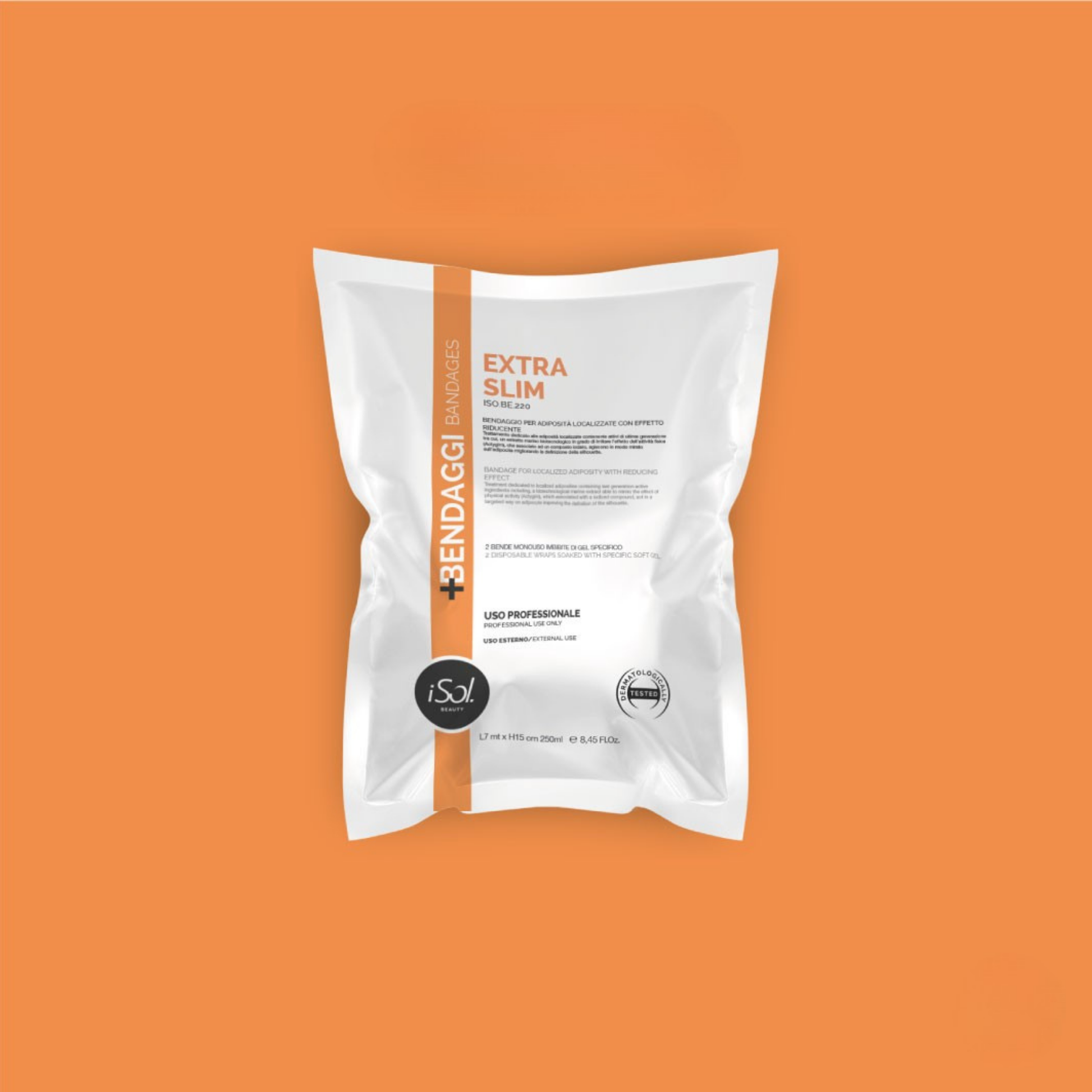 Close-up of the iSol.Beauty Bandage Extra Slim, a skin care product with a sleek, thin design and clear packaging.