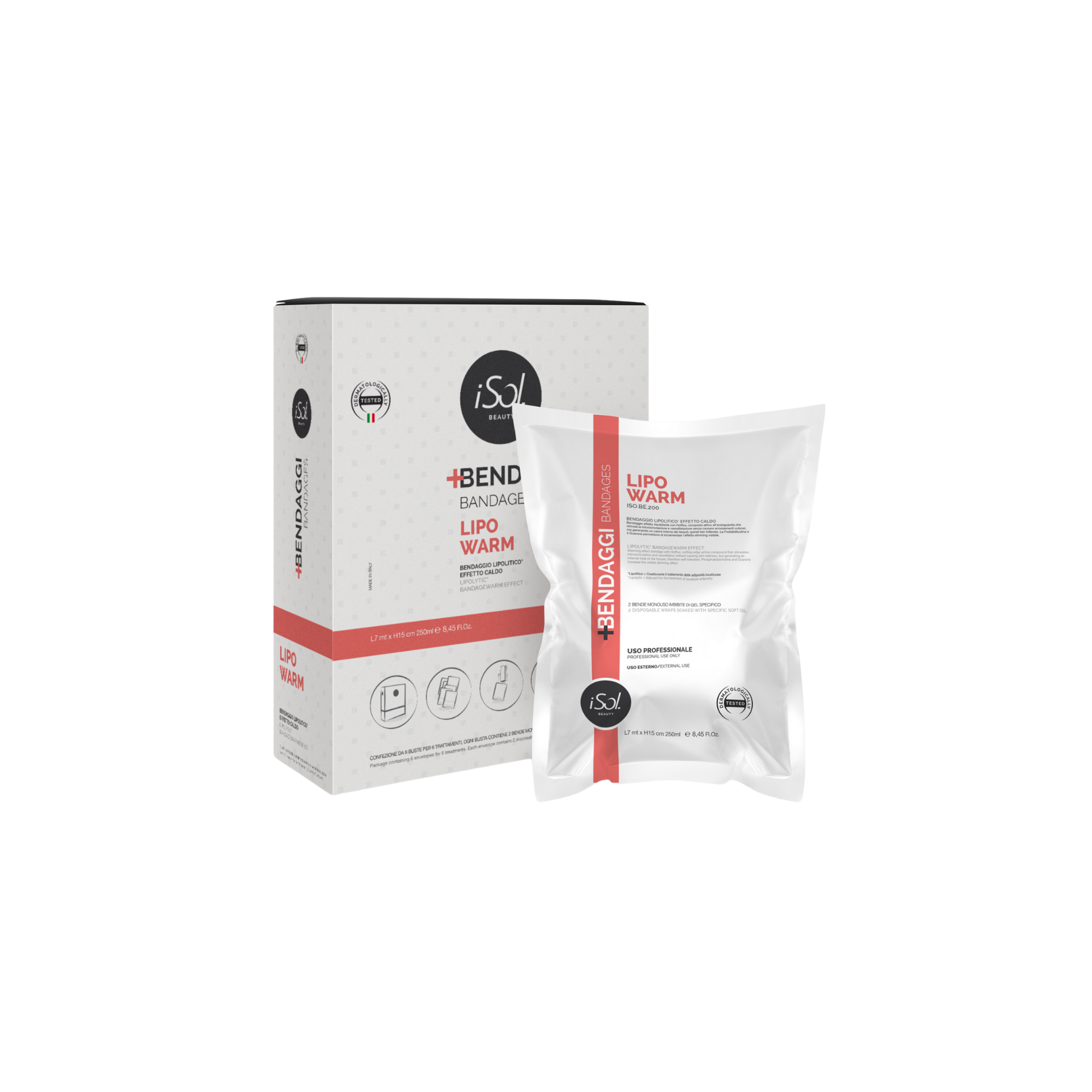 iSol.Beauty Bandage Lipo Warm skin care product showing a close-up of the warm, flexible bandage designed for body contouring.