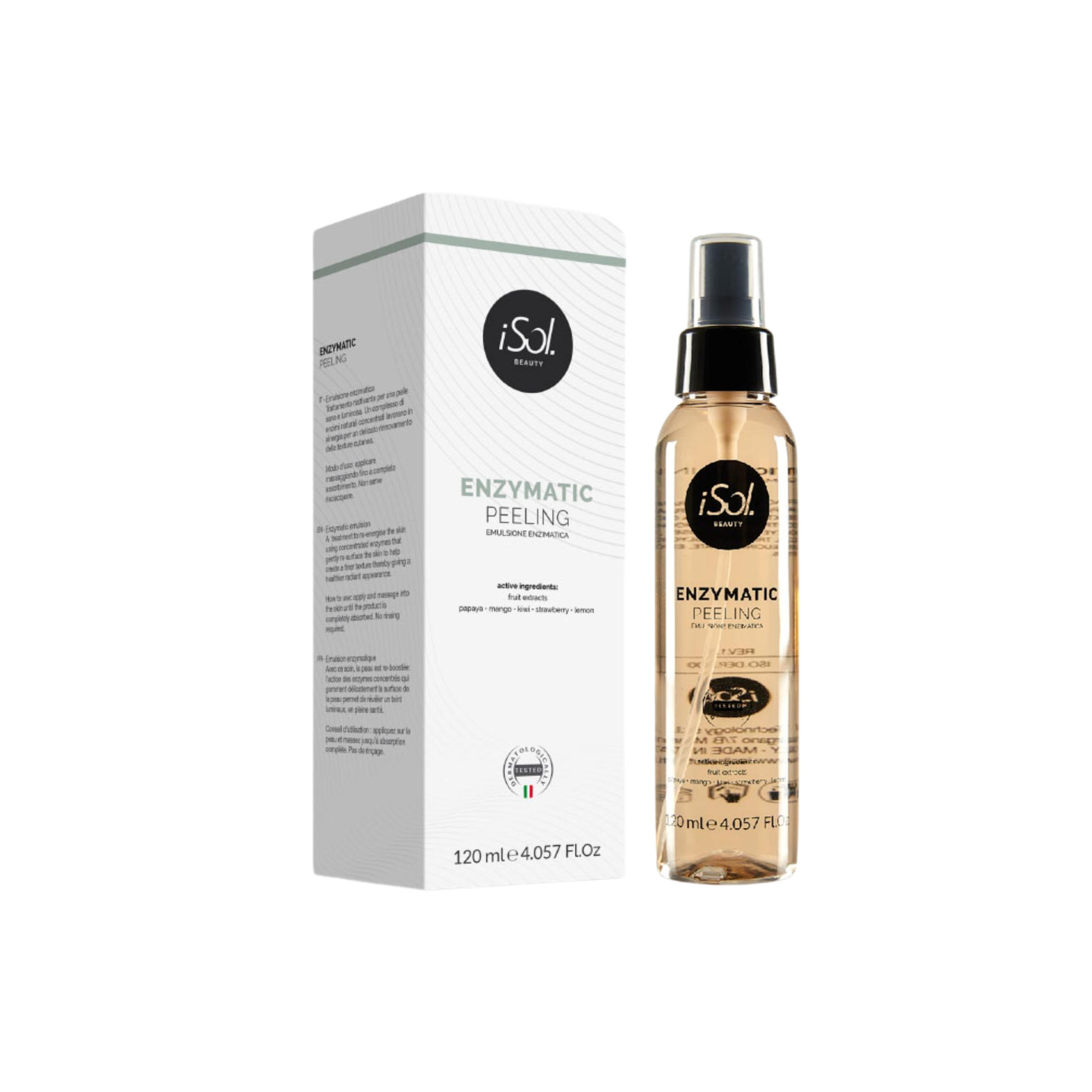 iSol.Beauty Enzymatic Peeling bottle showing soft-action formula for gentle skin exfoliation in a 120ml container