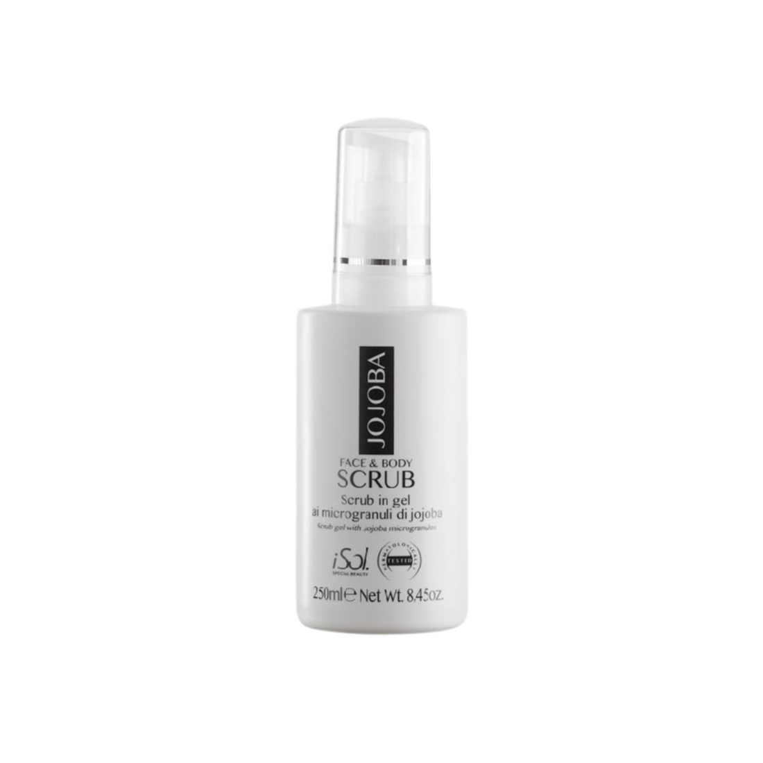 iSol.Beauty Jojoba Face & Body Scrub in 250ml container, showing the natural exfoliating scrub with jojoba beads and skincare ingredients