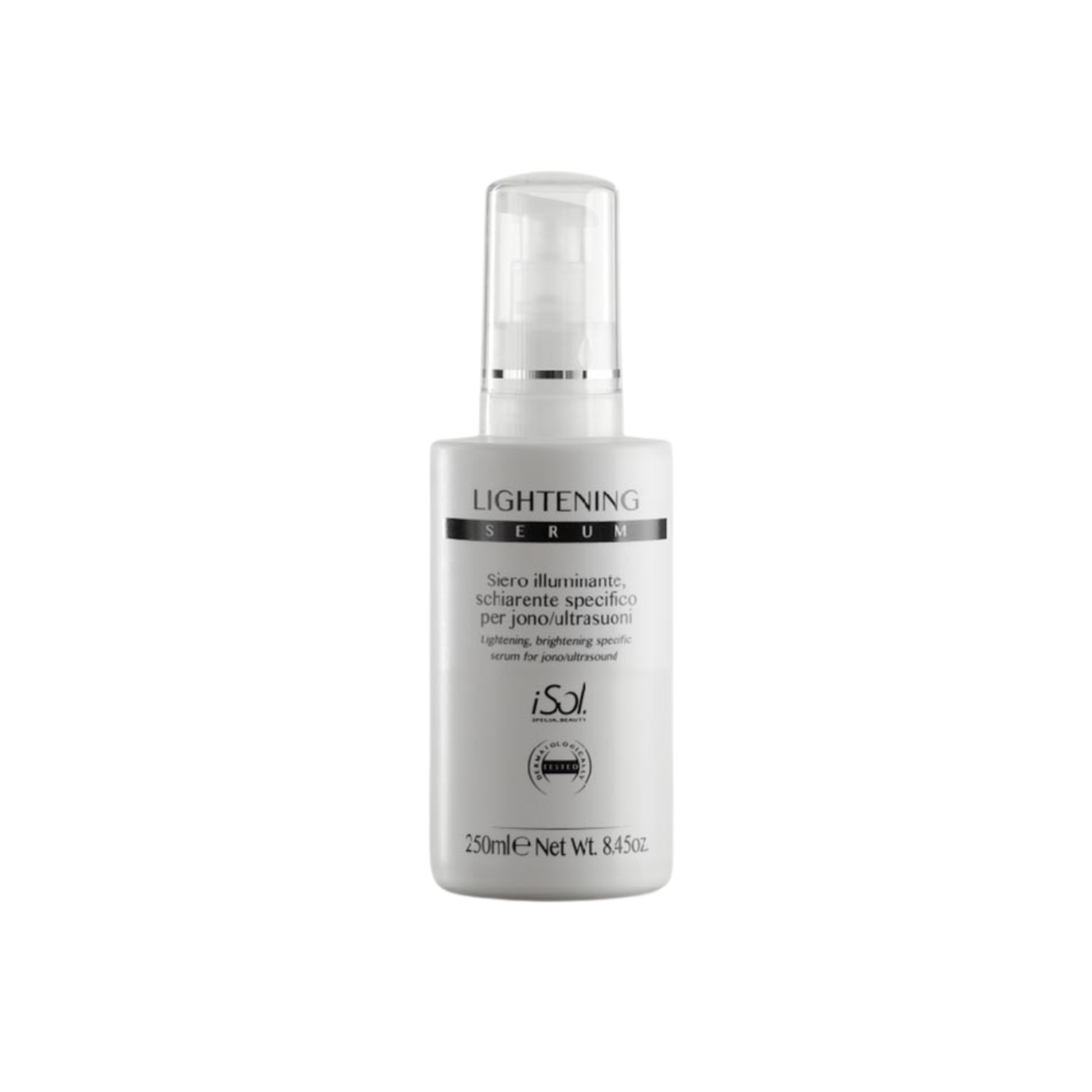 iSol.Beauty Lightening Serum bottle with 250ml label, skin care product for brightening and skin tone improvement