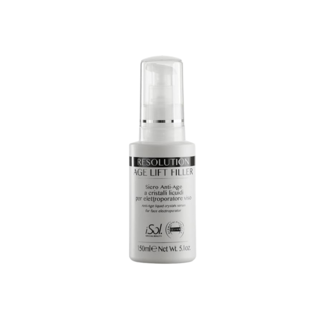 iSol.Beauty Resolution Age Lift Filler skin care product in a 150ml bottle, designed for skin rejuvenation and anti-aging benefits.
