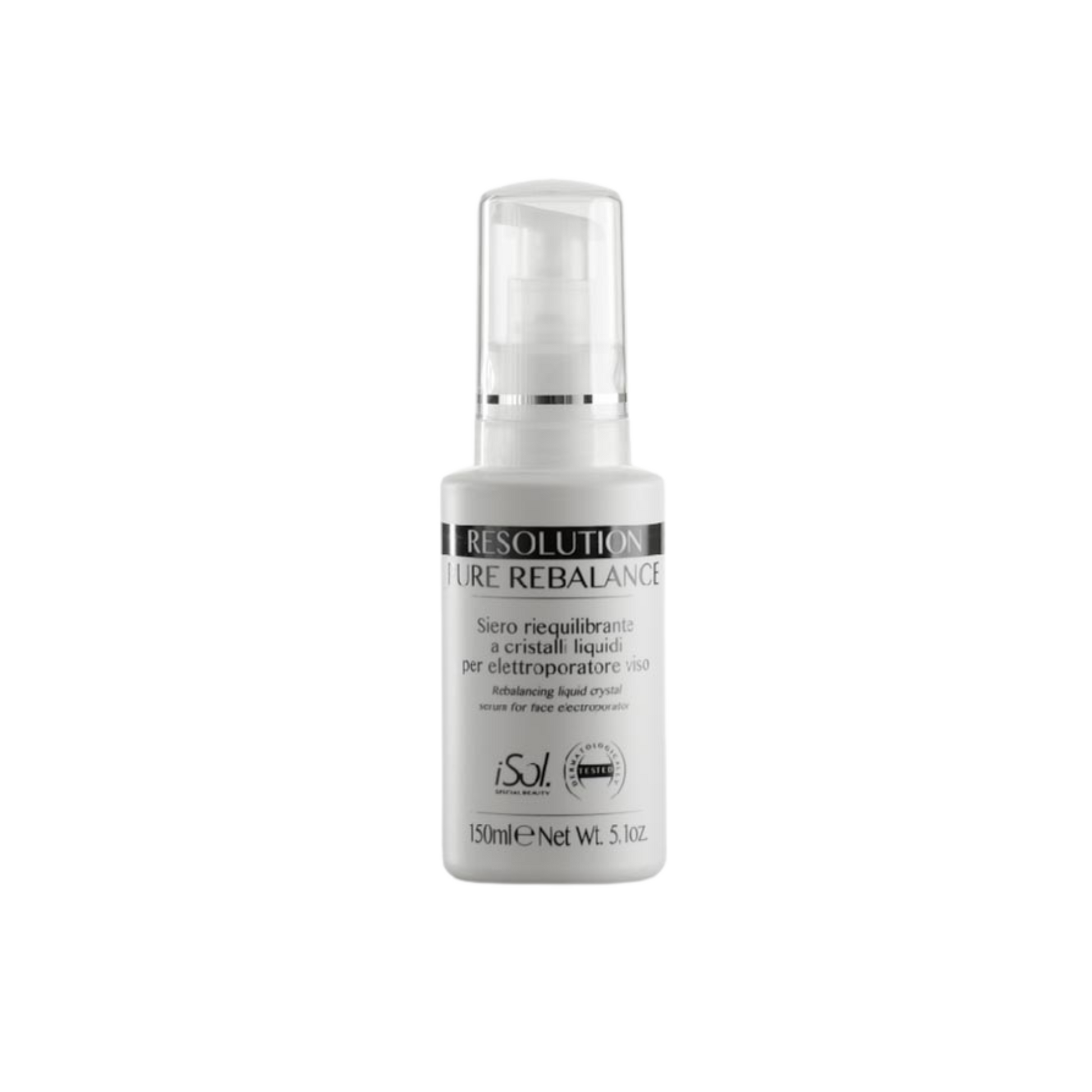 iSol.Beauty Resolution Pure Rebalance skin care product in a 150ml bottle, designed for facial rejuvenation and skin balancing.