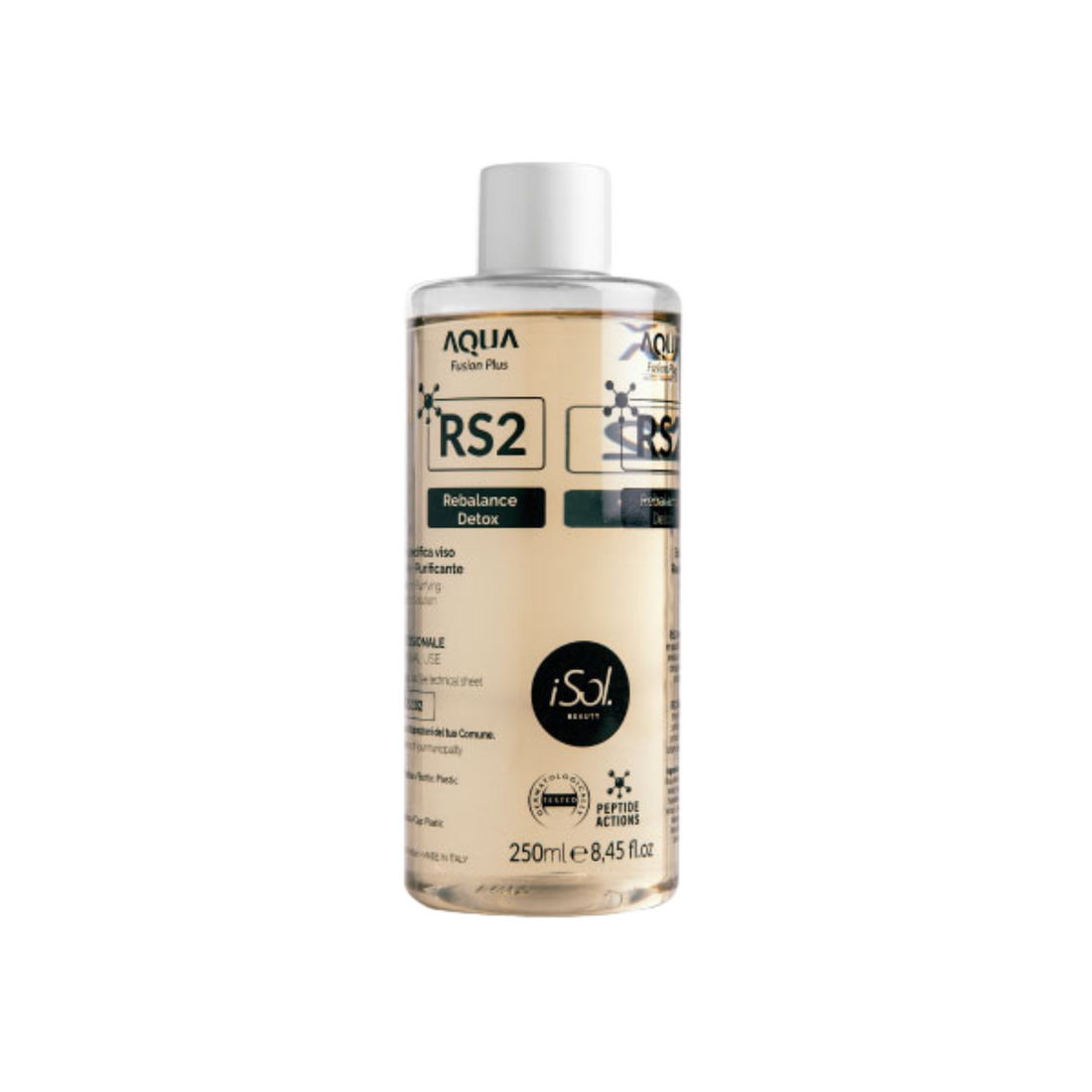 iSol.Beauty RS2 Rebalance Detox Solution bottle, 250ml, skin care product with clear label and pump dispenser.