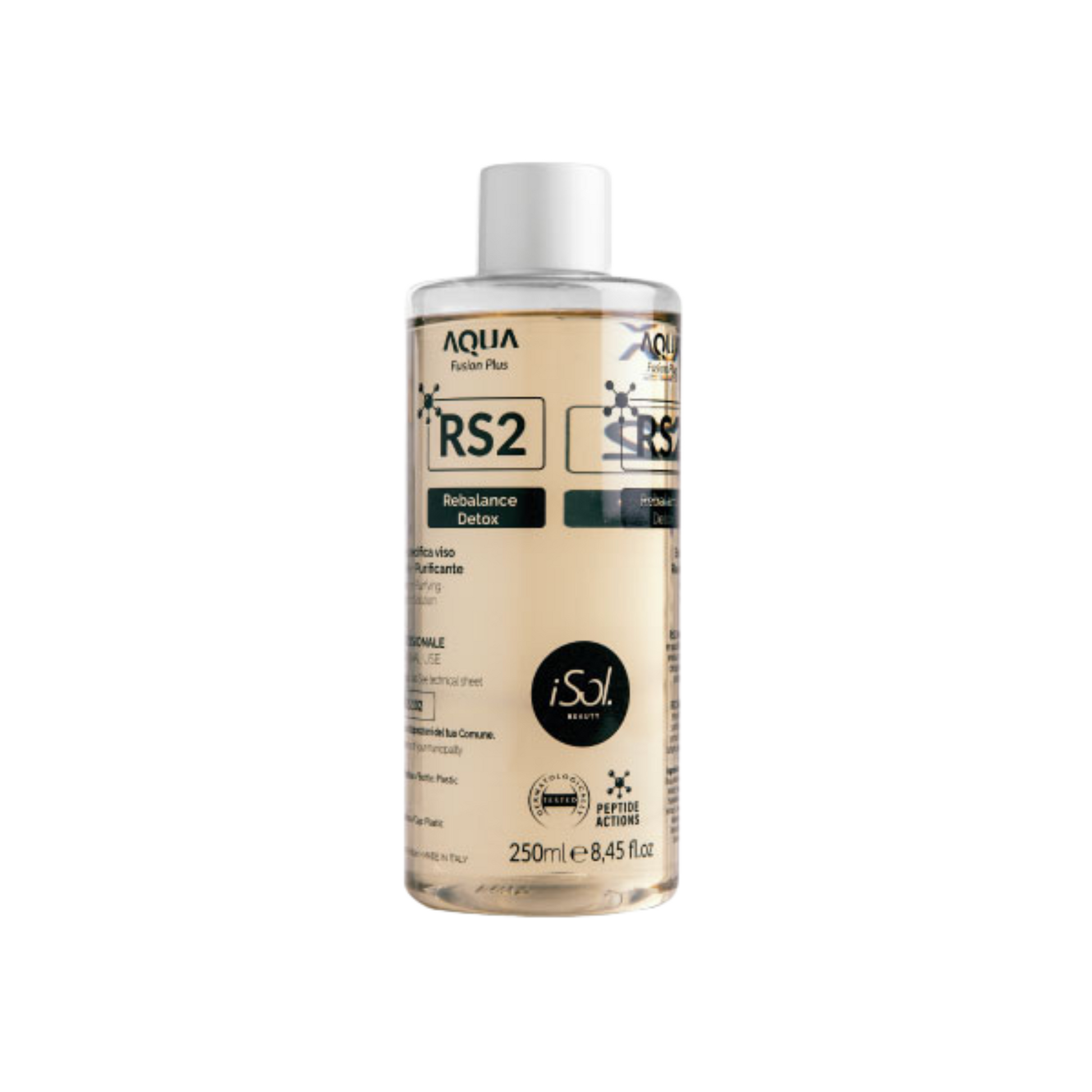 iSol.Beauty RS2 Rebalance Detox Solution bottle, 250ml, skin care product with clear label and pump dispenser.