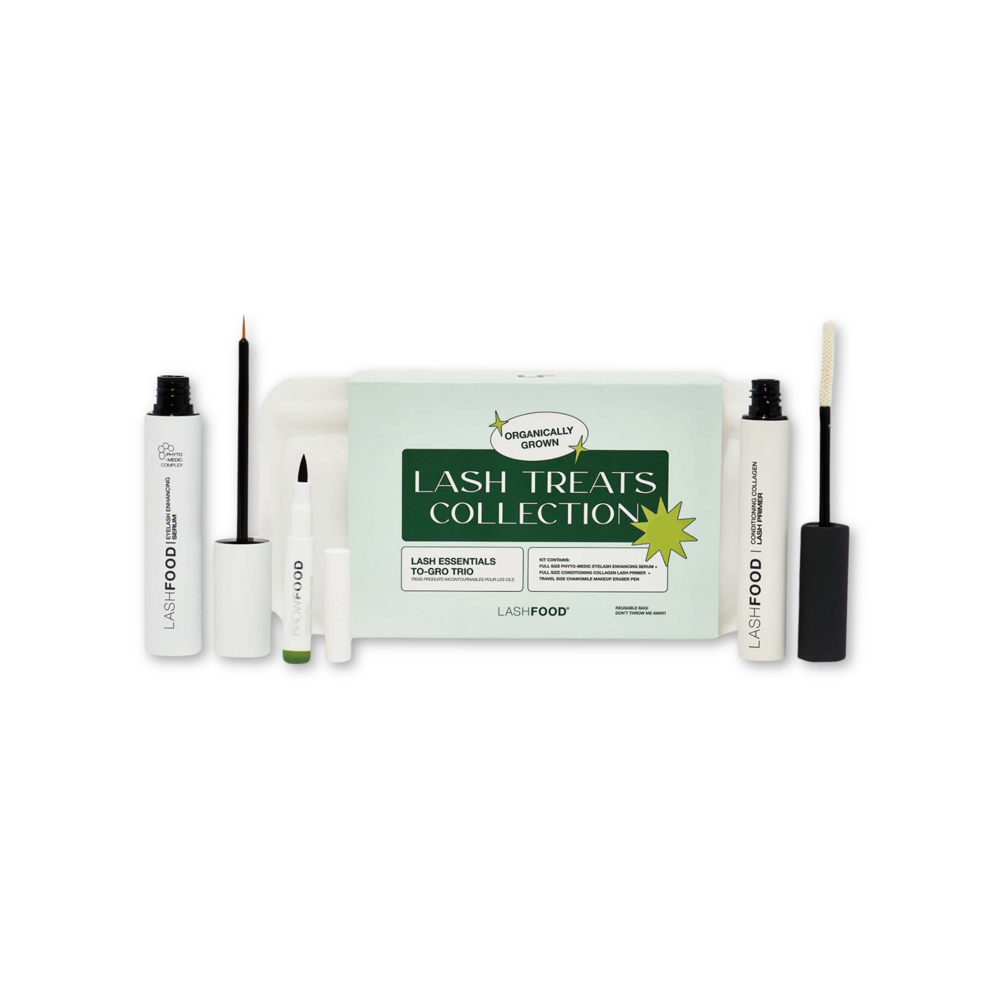 JB Cosmetics Lashfood Lash Essentials To-Gro Trio kit with eyelash and brow growth products in a white and green box.
