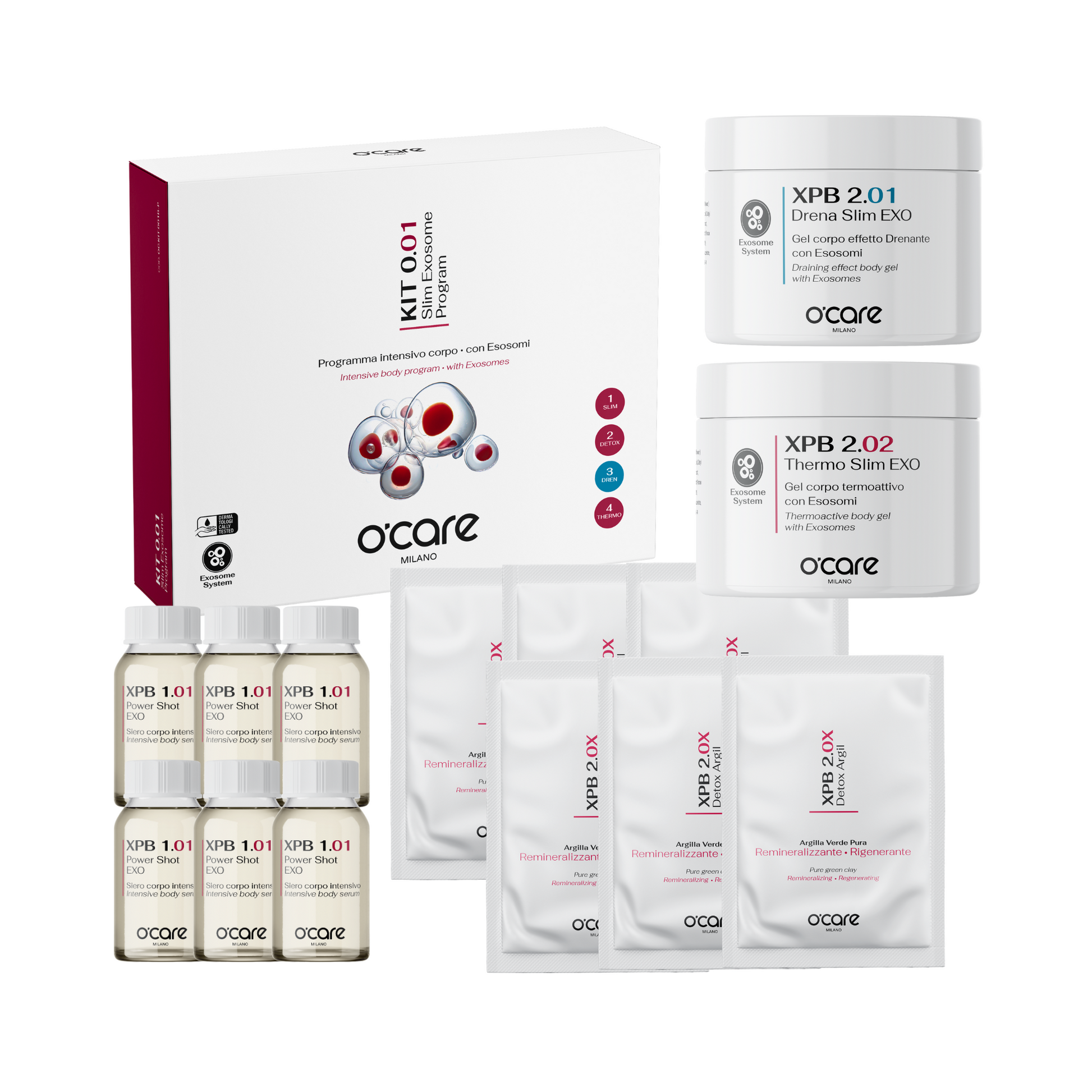 O'Care Body Slim Exosome Program Kit 0.01 with various skincare products and tools for body slimming and rejuvenation.