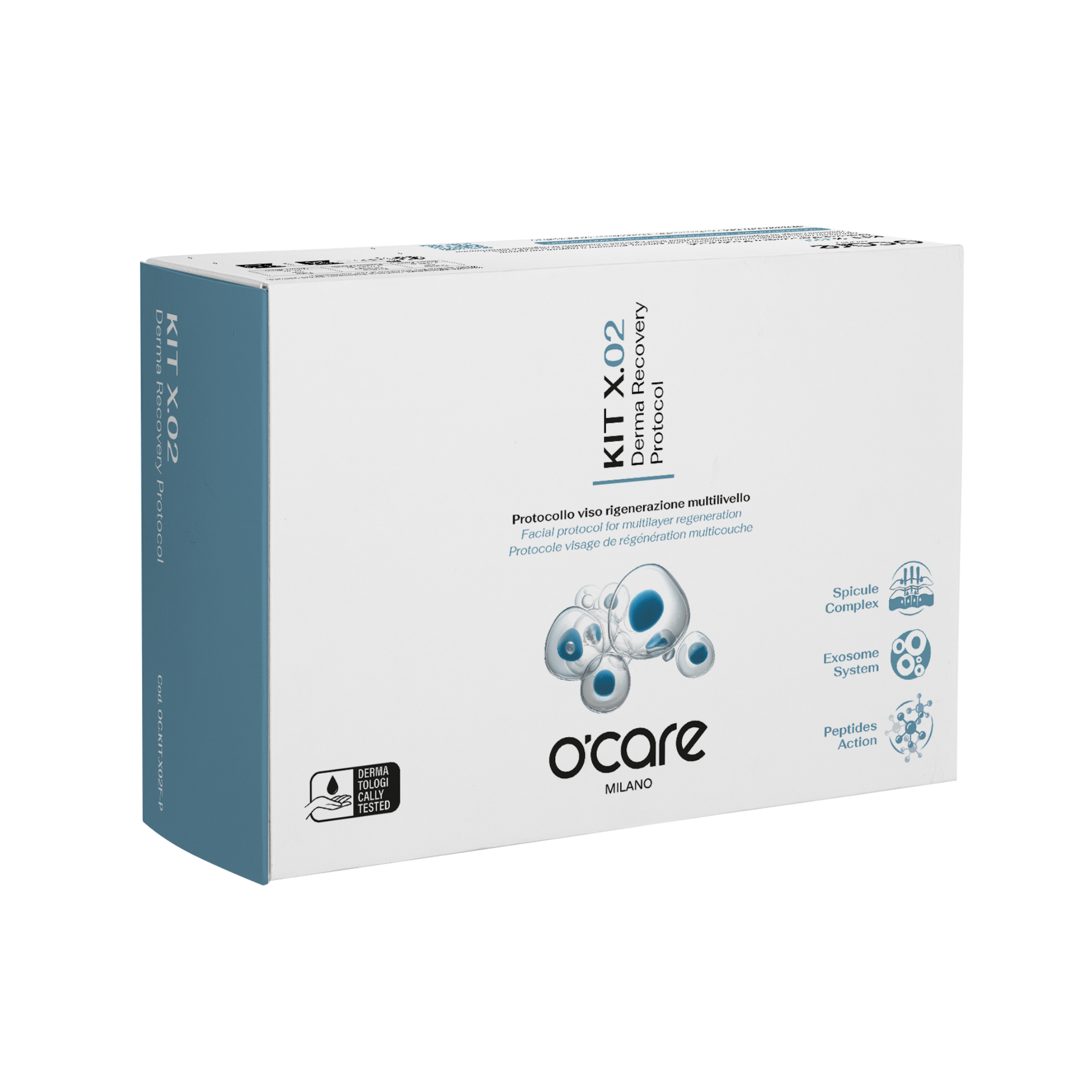O'Care Derma Recovery Protocol Kit X.02 includes skincare bottles and tubes arranged on a white surface, designed for skin recovery.