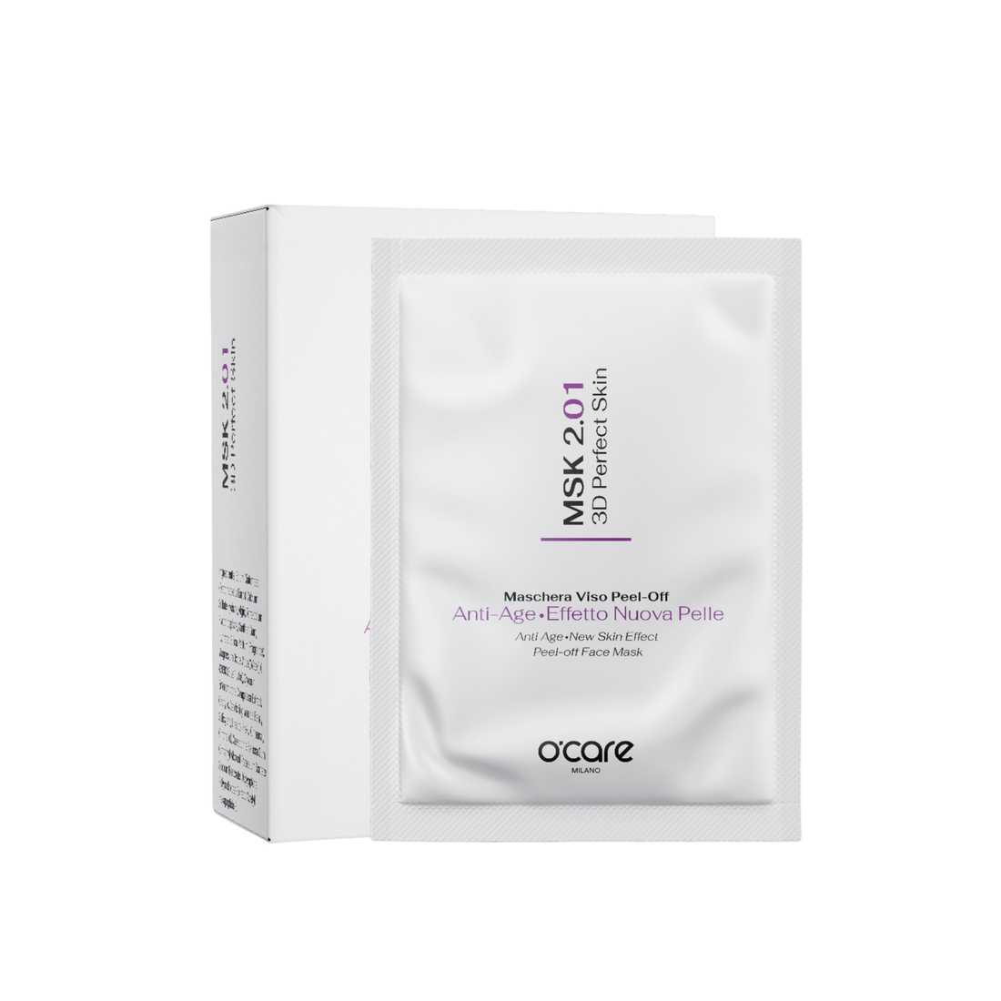 O'Care MSK 2.01 Peel-Off Mask for 3D perfect skin, shown in a jar with the mask ready for application.