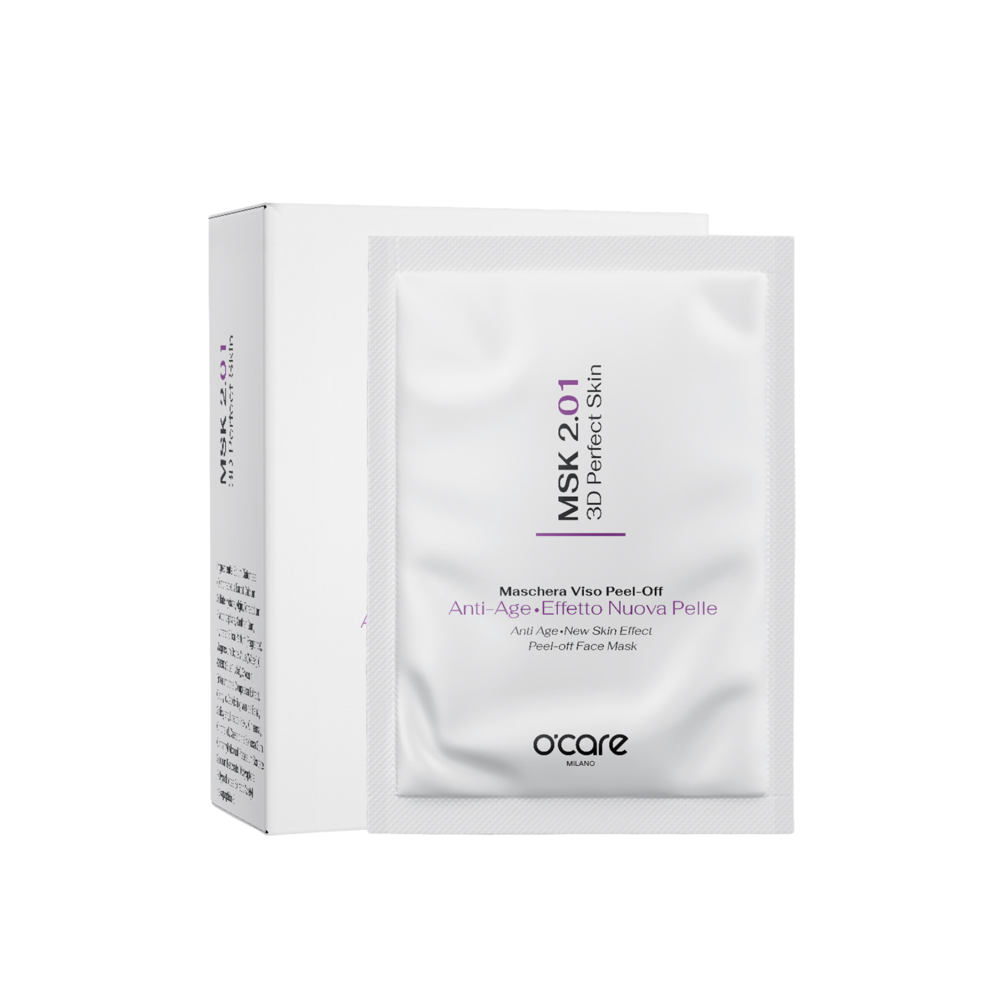 O'Care MSK 2.01 Peel-Off Mask for 3D perfect skin, shown in a jar with the mask ready for application.
