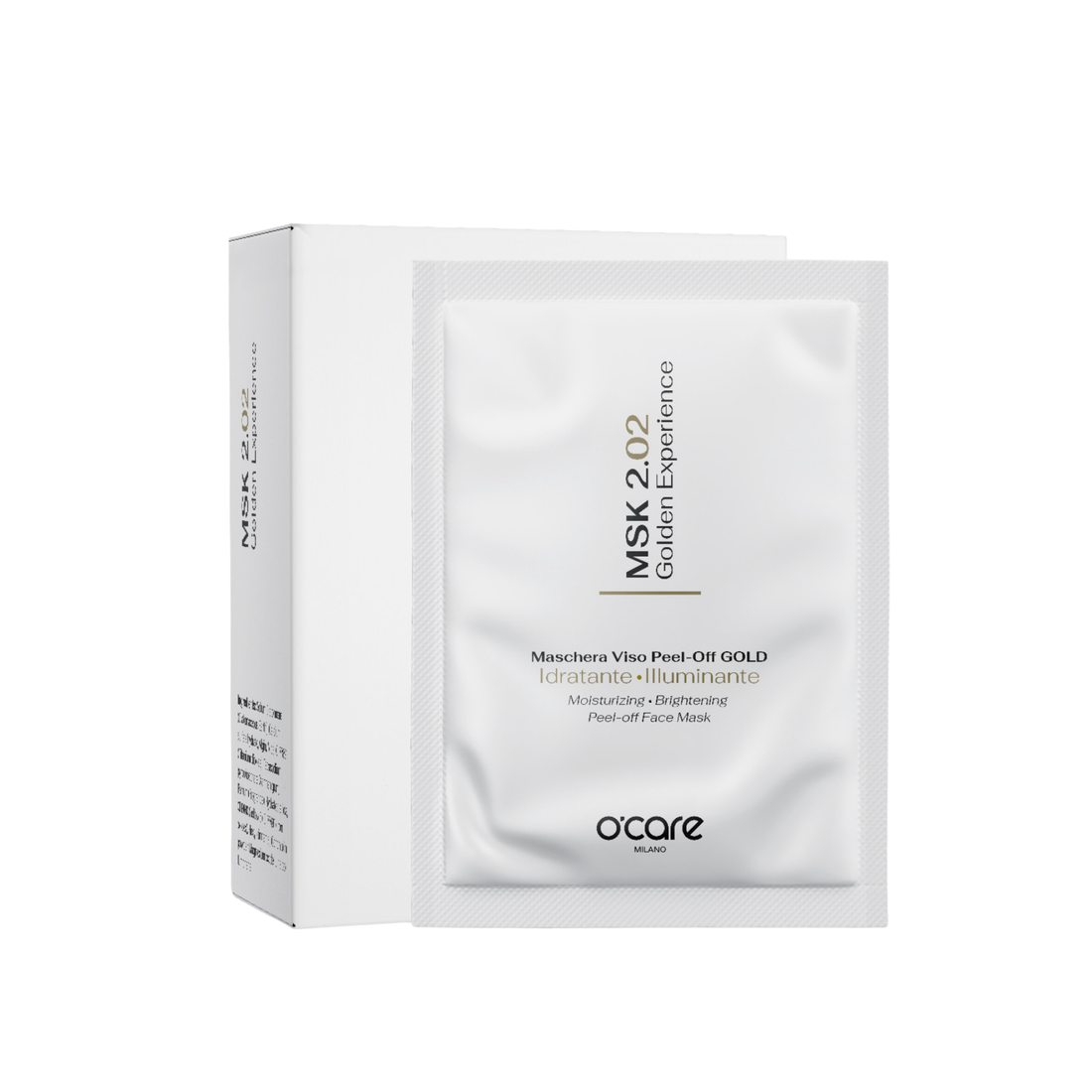 O'Care MSK 2.02 Golden Experience peel-off mask in a jar with a golden-colored formula and a spatula for application.