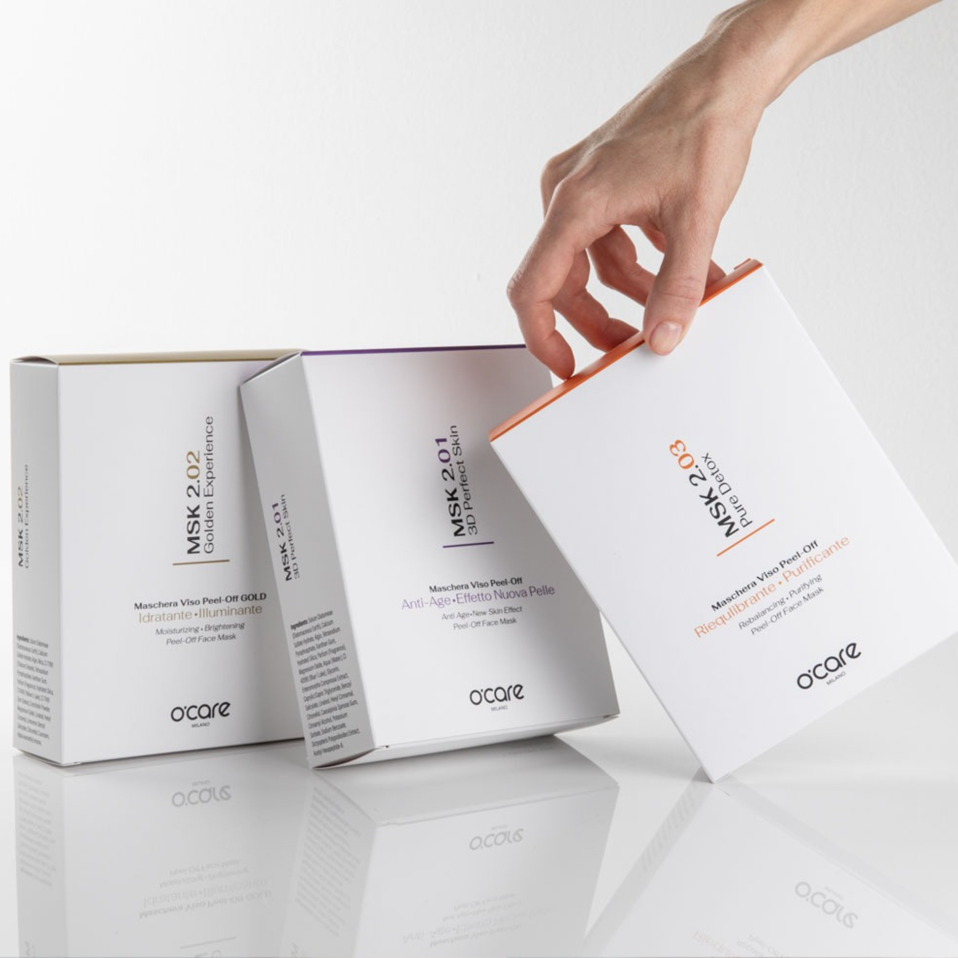 O'Care MSK 2.01 Peel-Off Mask for 3D perfect skin, clear gel mask applied on the face, skincare treatment by O'Care.