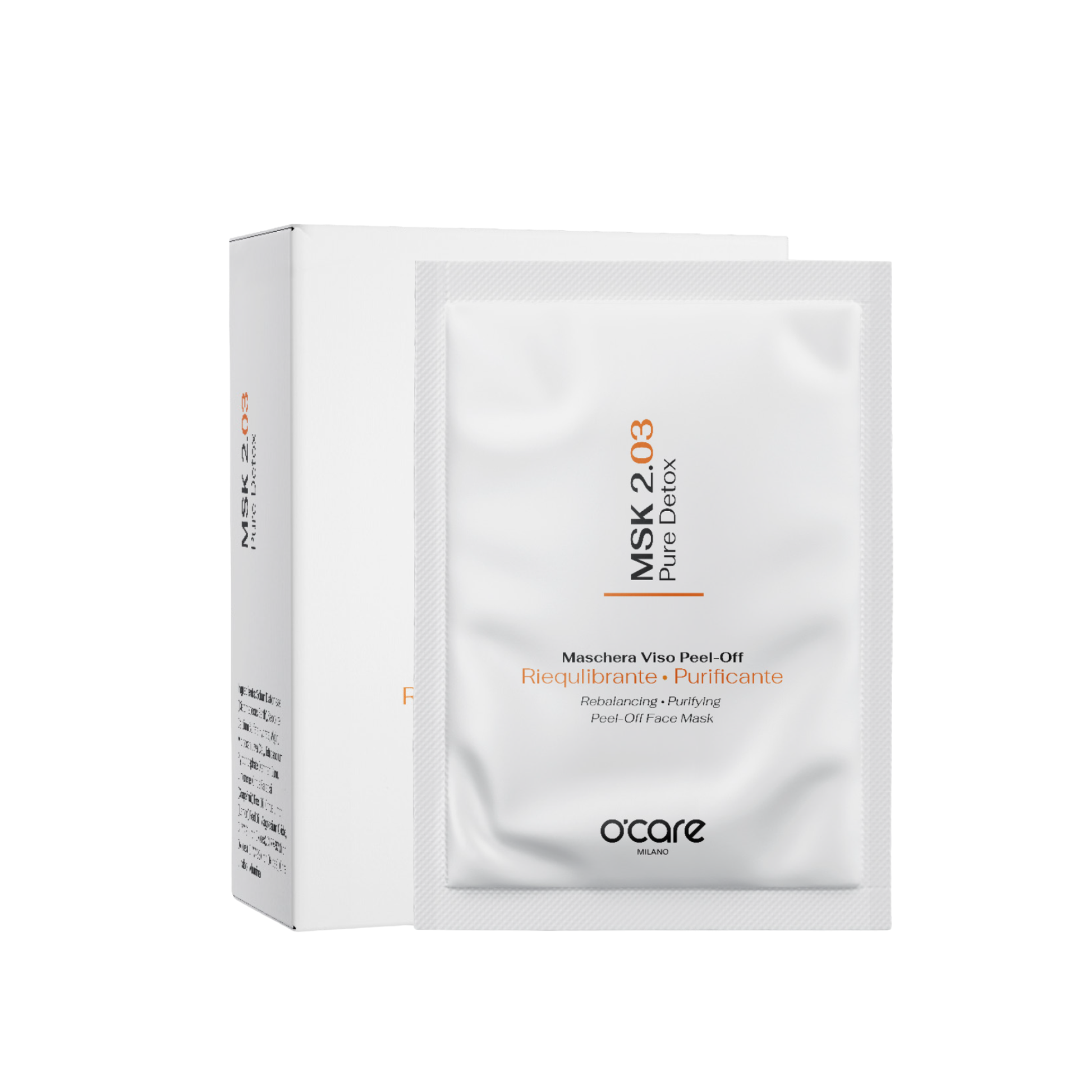 O'Care MSK 2.03 peel-off mask for detox, shown spread on skin with clear, smooth texture and natural ingredients visible.