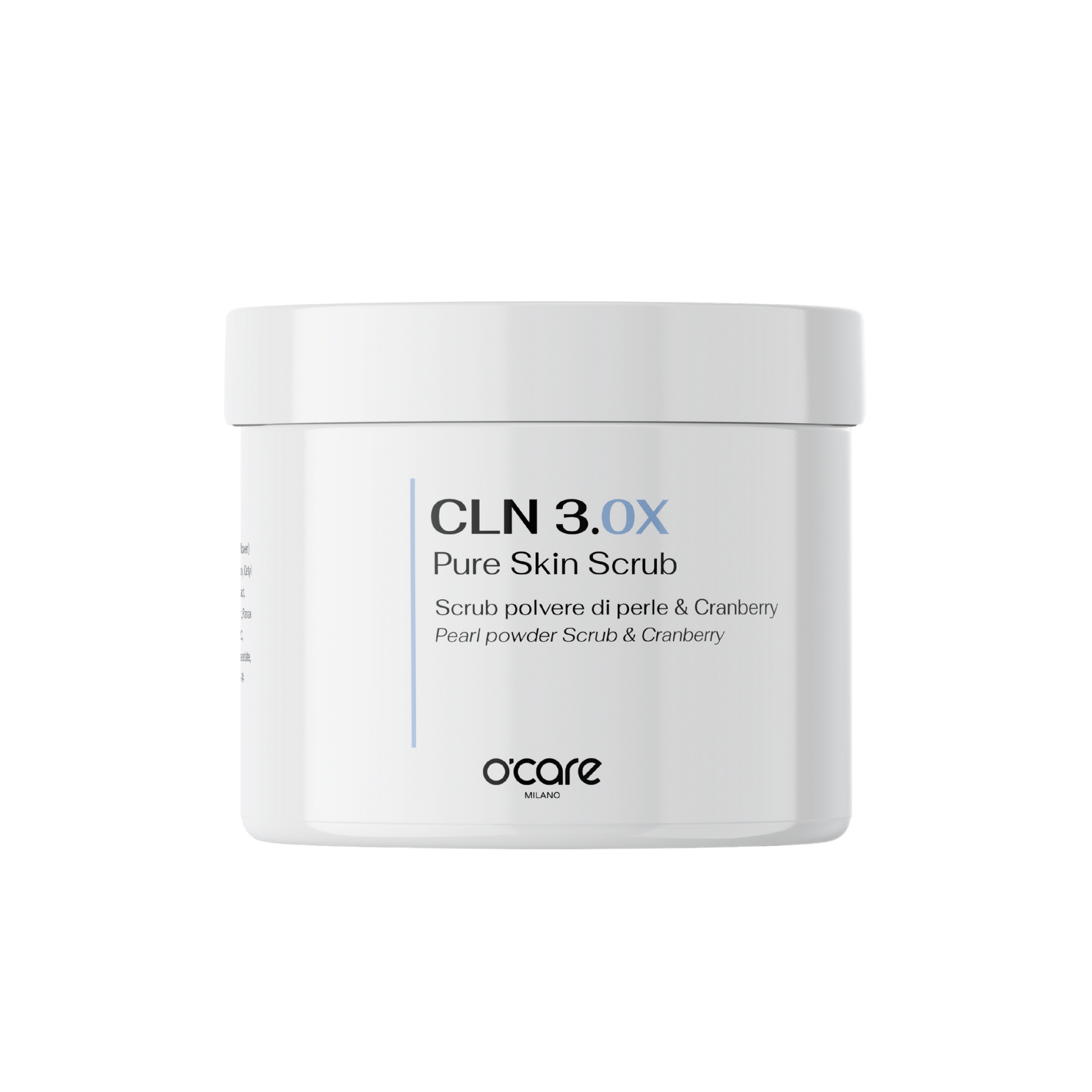 O'Care Pure Skin Scrub CLN 3.0X bottle with white and green label, 500ml, featuring exfoliating scrub particles