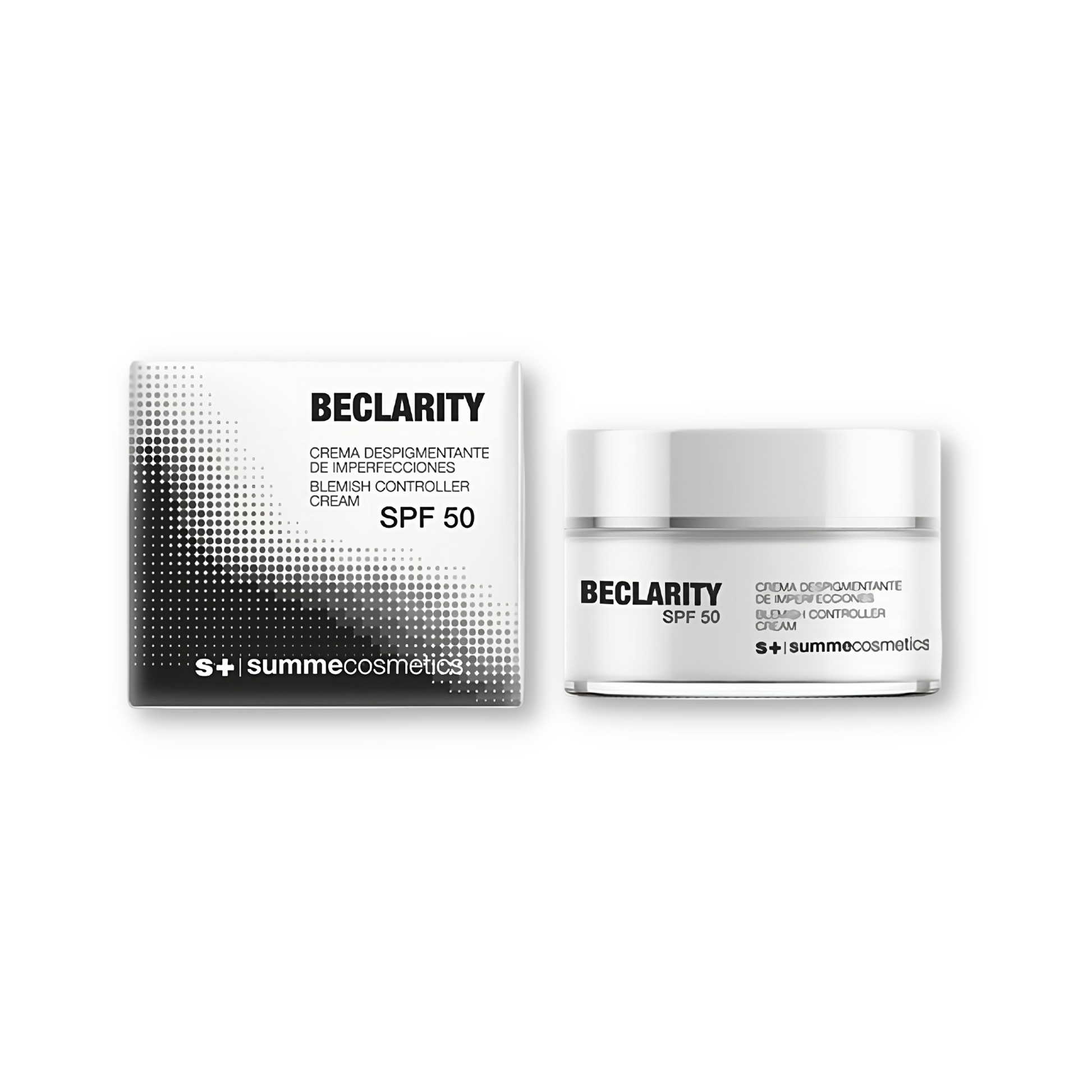 SummeCosmetics Beclarity Blemish Controller Cream with SPF50, a skin care product in a white tube with blue accents.
