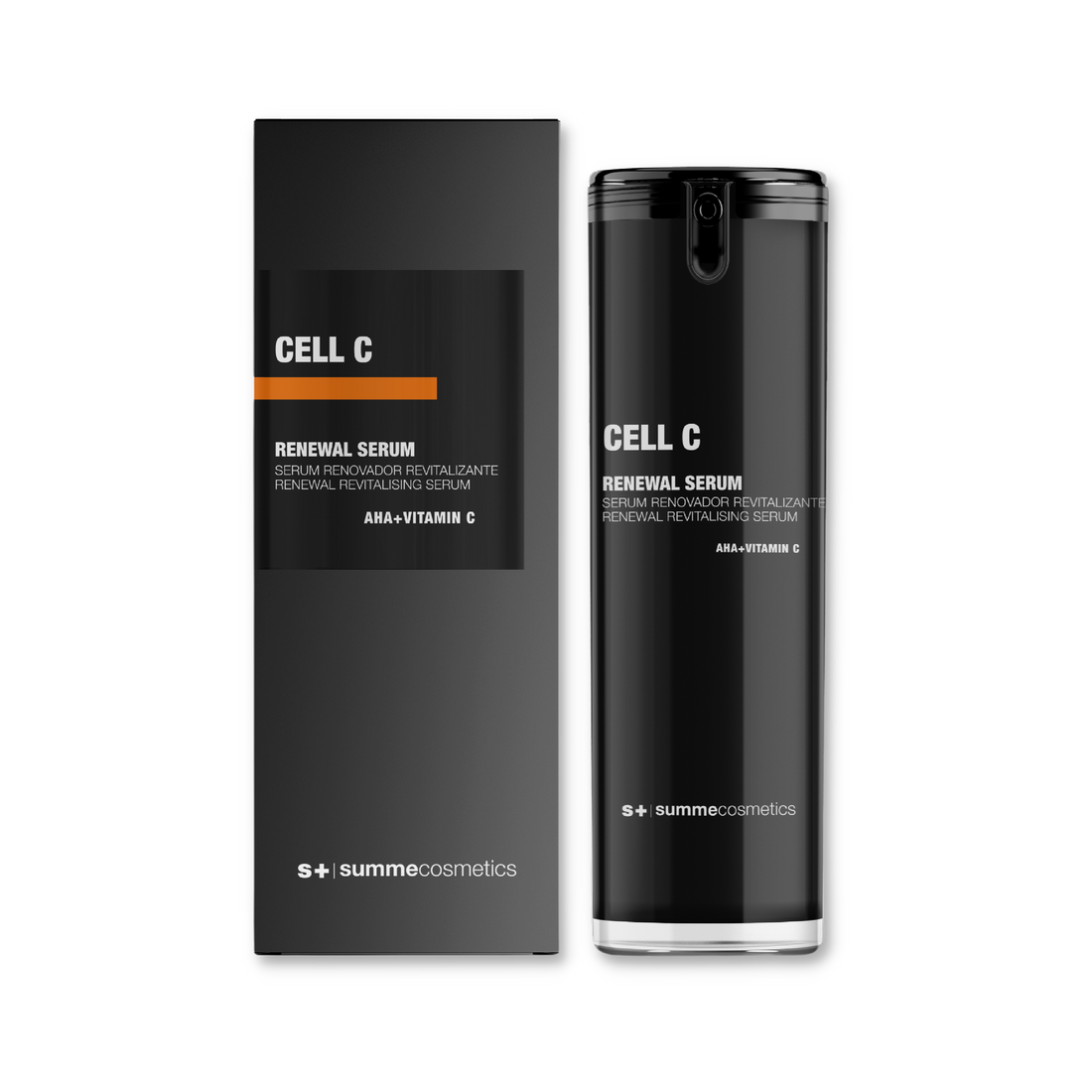 SummeCosmetics Cell C Renewal skin care product in a sleek bottle with a pump dispenser, designed for revitalizing skin.