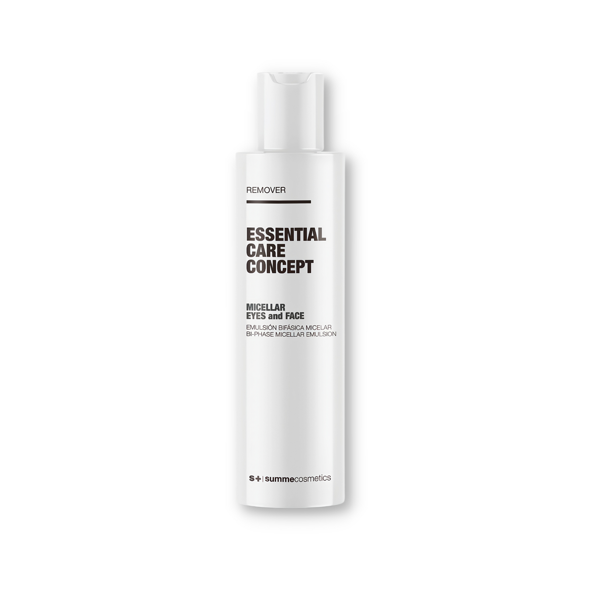SummeCosmetics ECC Remover micellar water for eyes and face, gentle facial cleanser in a clear bottle with a blue cap.