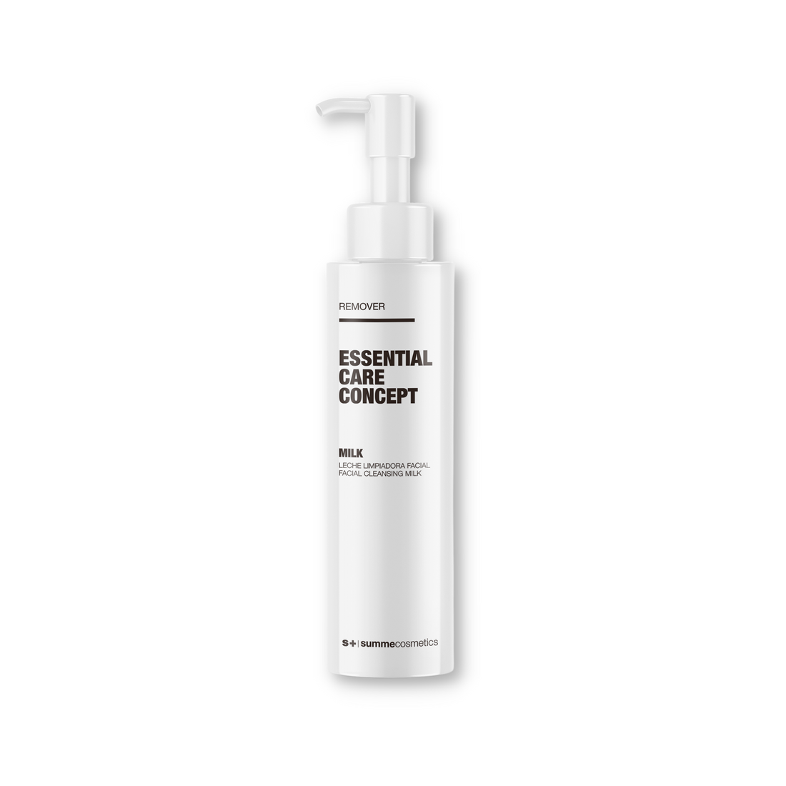 SummeCosmetics ECC Remover Milk facial cleanser bottle, gentle makeup remover for all skin types, with a soft pump dispenser.