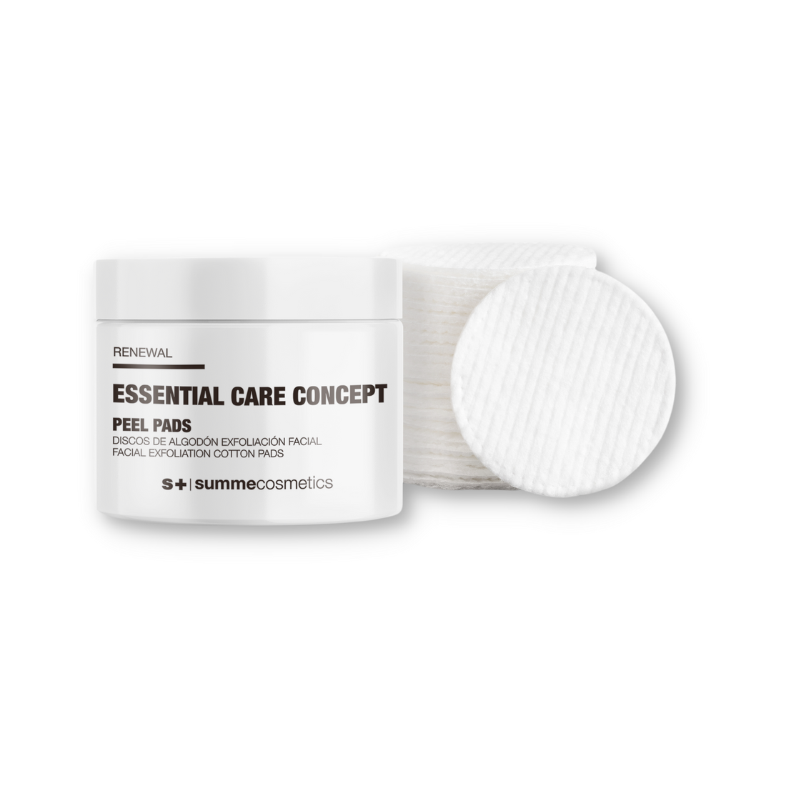 SummeCosmetics ECC Renewal Peel Pads facial cleanser with exfoliating pads, featuring textured surface and product packaging.