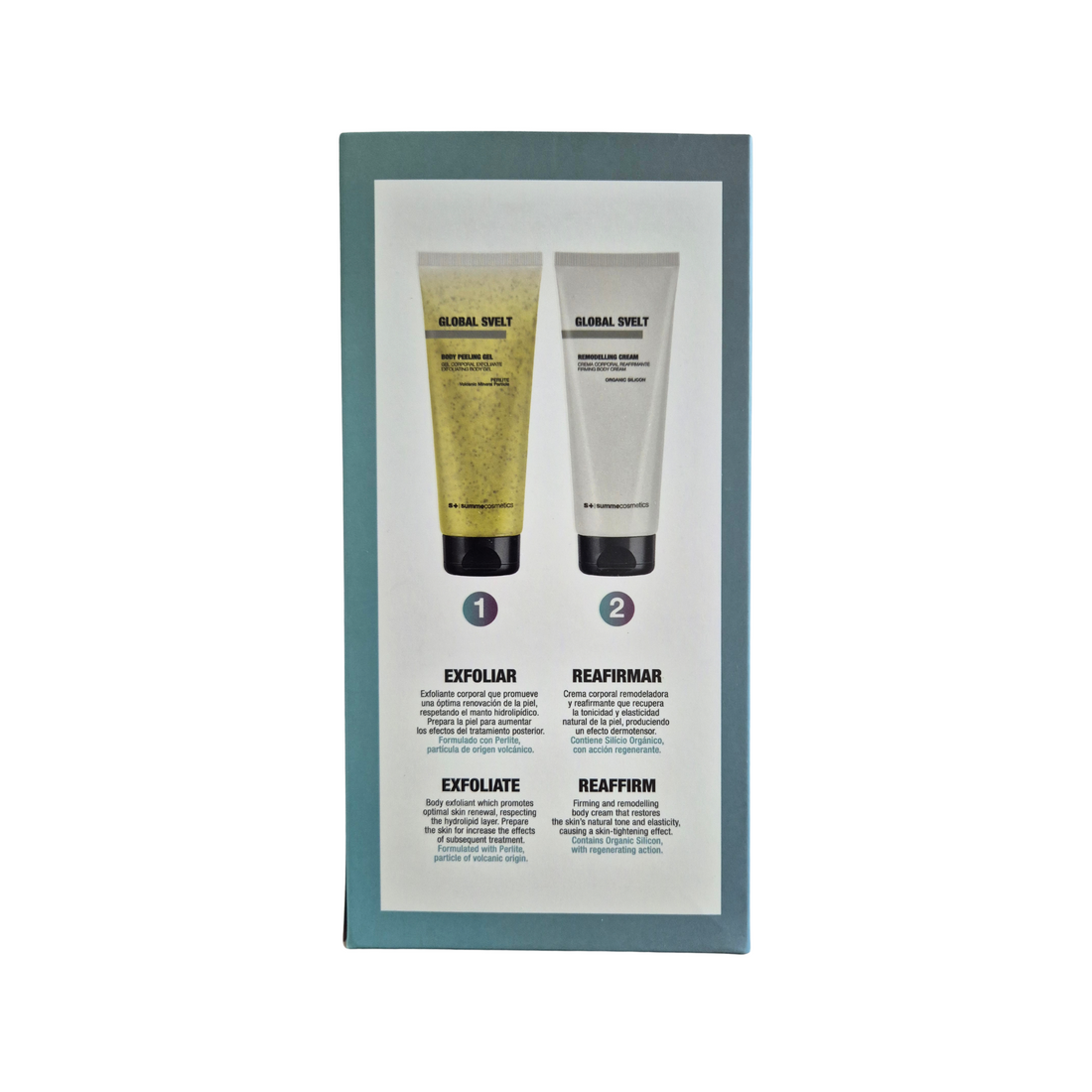 SummeCosmetics Global Svelt Reaffirm Silhouette Pack with 200ml skincare bottles and product details on the packaging.