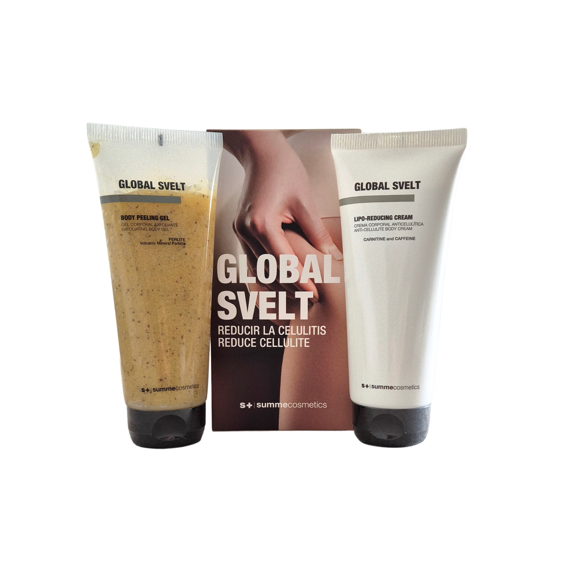 SummeCosmetics Global Svelt reducing cellulite pack with 200ml cream, featuring a sleek tube and applicator for skin smoothing.