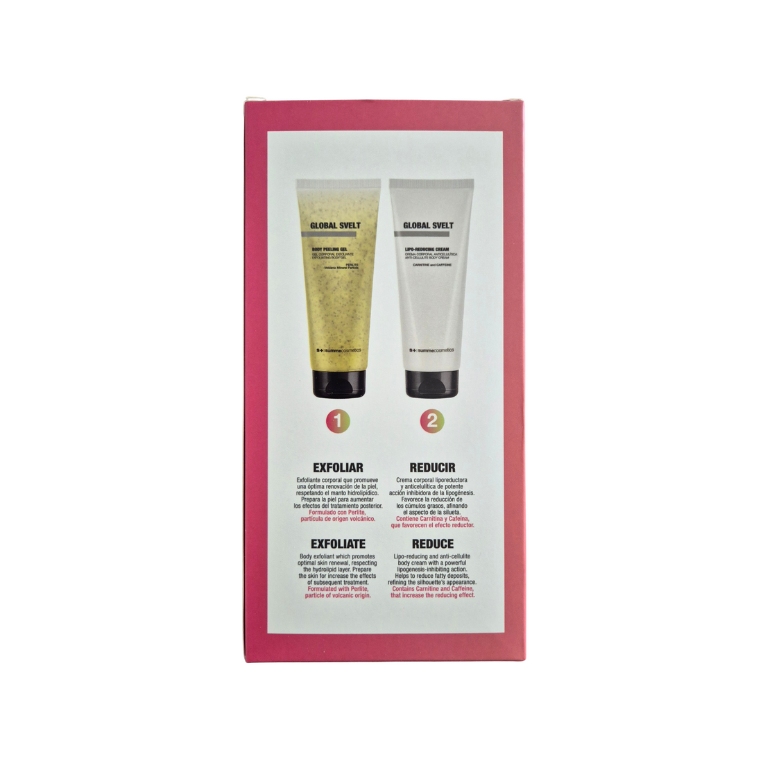 SummeCosmetics Global Svelt reducing cellulite pack with 200ml cream, featuring a sleek tube and applicator for skin smoothing.