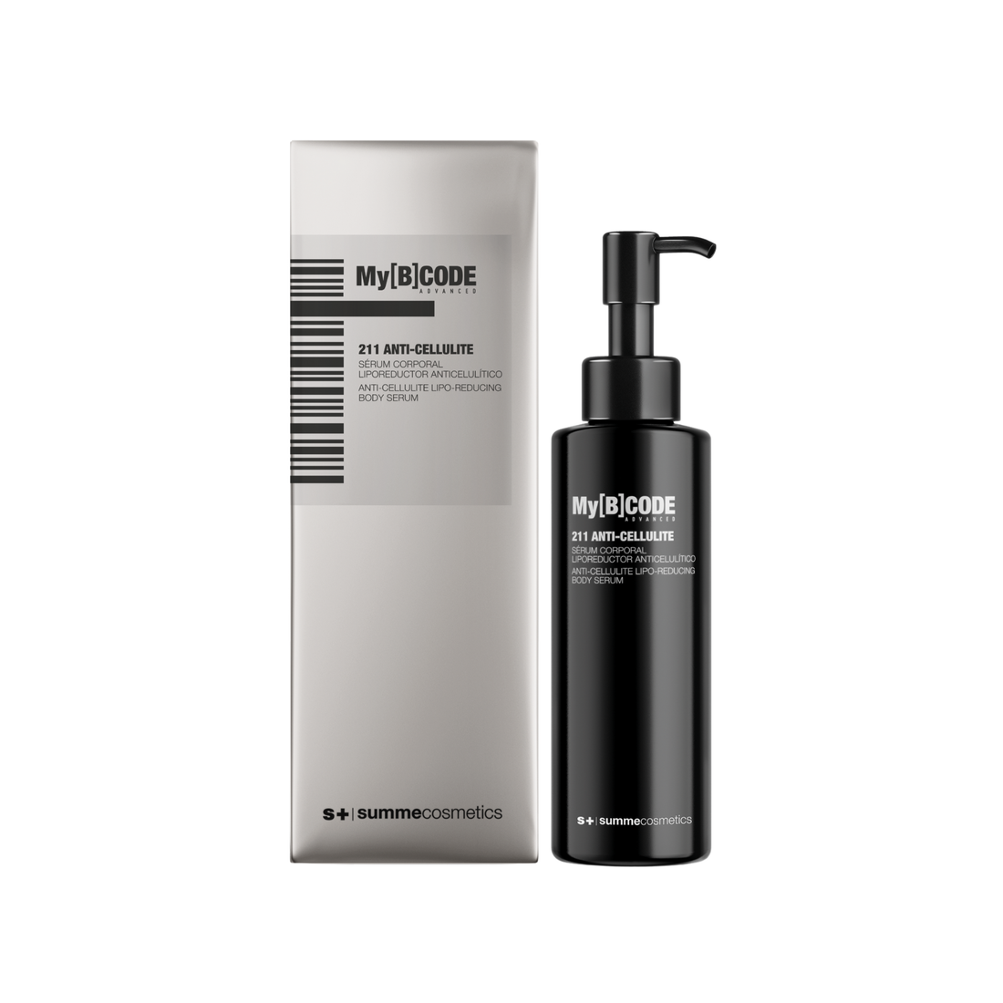 Black bottle and box of MyBCode 211 Anti-Cellulite product on a white background