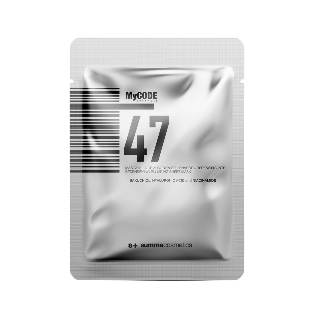SummeCosmetics MyCode Advanced 47 redensifying and plumping skincare face mask laid flat on a white background.