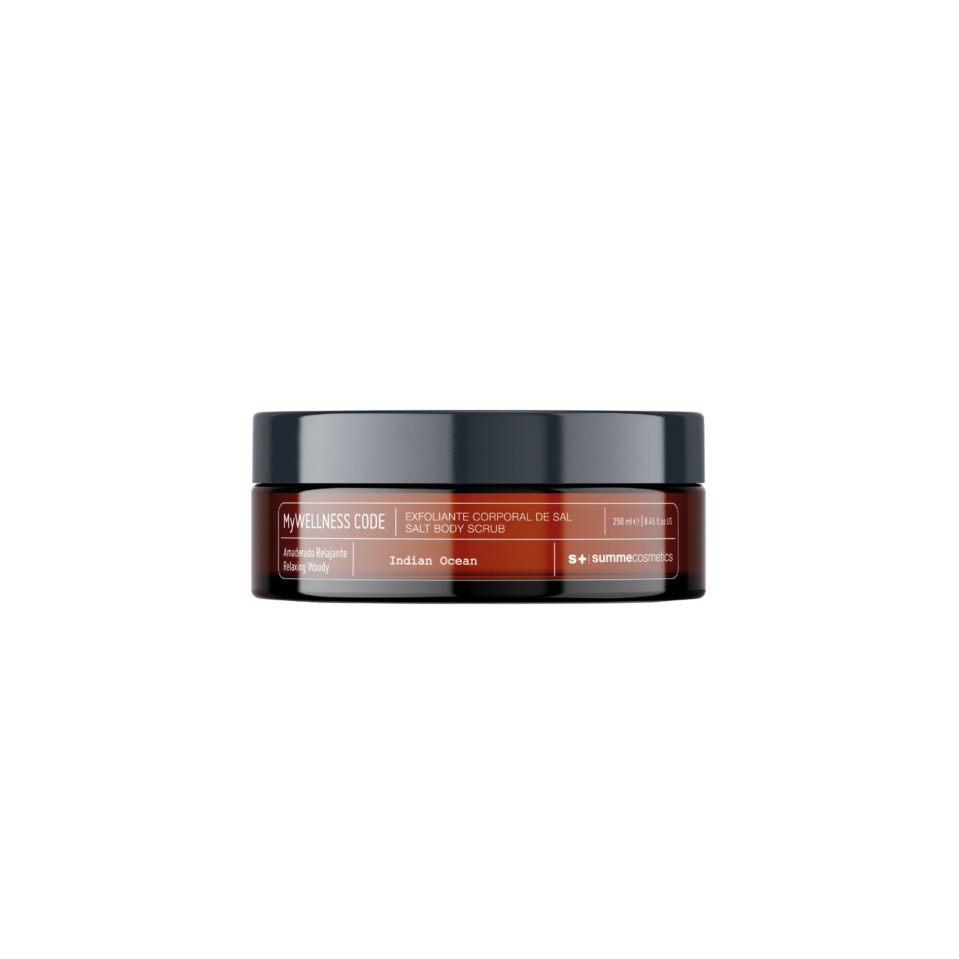 SummeCosmetics MyWellness Code Indian Ocean moisturizing body scrub in a jar, featuring natural exfoliating ingredients for smooth skin.