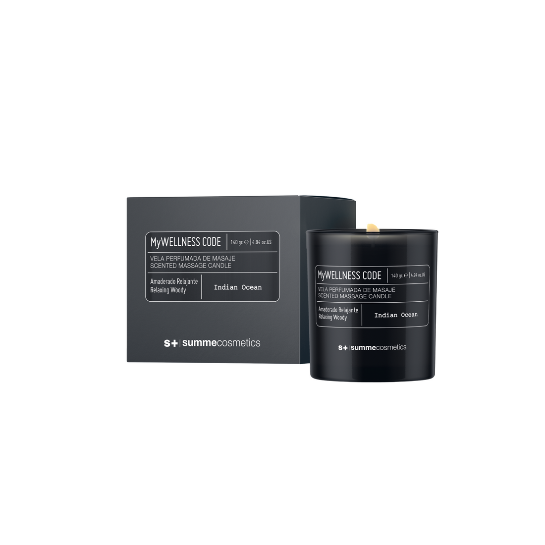 SummeCosmetics MyWellness Code scented massage candle in Indian Ocean with a calming, tropical aroma and a soft, flickering flame.