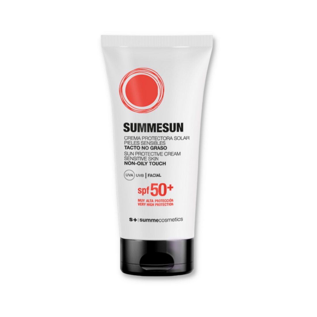 SummeCosmetics Summesun SPF50 non-oily sunscreen for sensitive skin, showing the tube with product branding and SPF label.