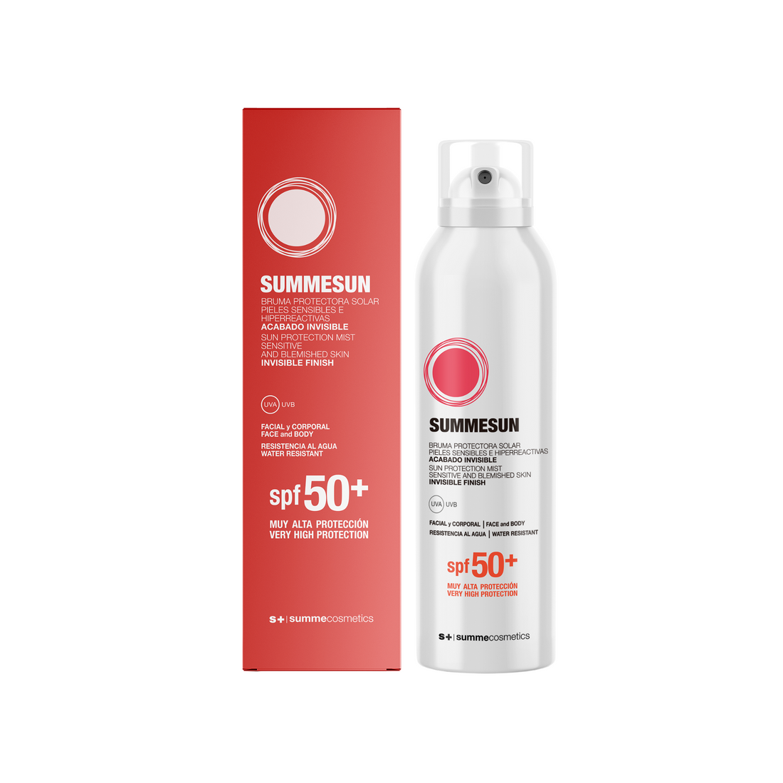 SummeCosmetics Summesun Sun Protection Mist SPF50 bottle with spray nozzle, lightweight sunscreen for face and body.