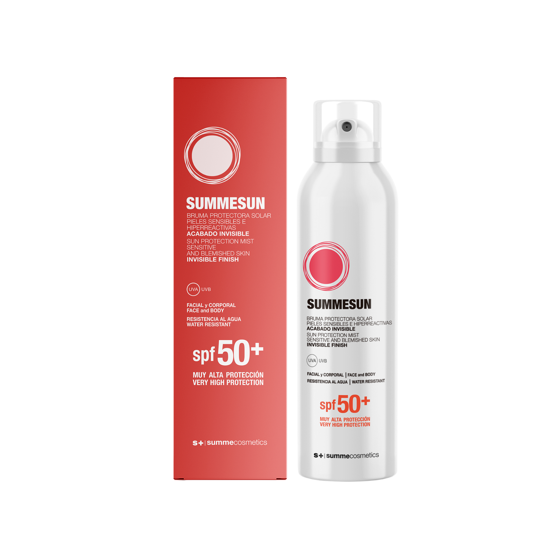 SummeCosmetics Summesun Sun Protection Mist SPF50 bottle with spray nozzle, lightweight sunscreen for face and body.