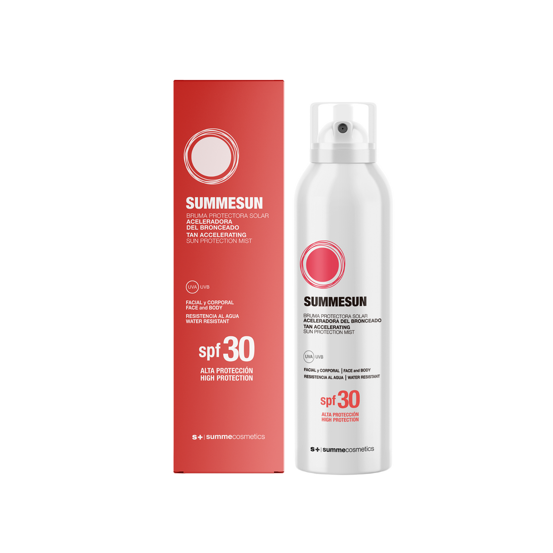 SummeCosmetics Summesun SPF30 Tan Accelerating Sun Protection Mist bottle with spray nozzle and product label visible.