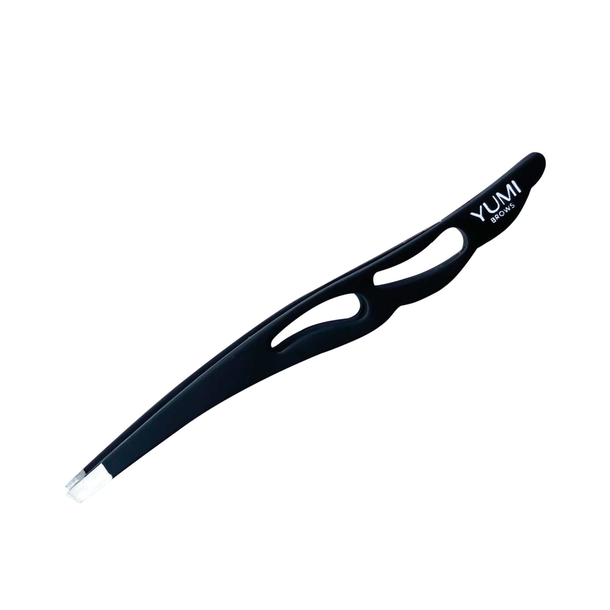 Black Yumi Brows Tweezer with slant tip, ideal for precise eyebrow grooming and shaping, from Yumi Lashes.