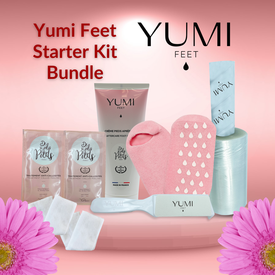 Yumi Feet Starter Kit Bundle showing variety of foot care tools and products in a colorful, organized set for foot health.