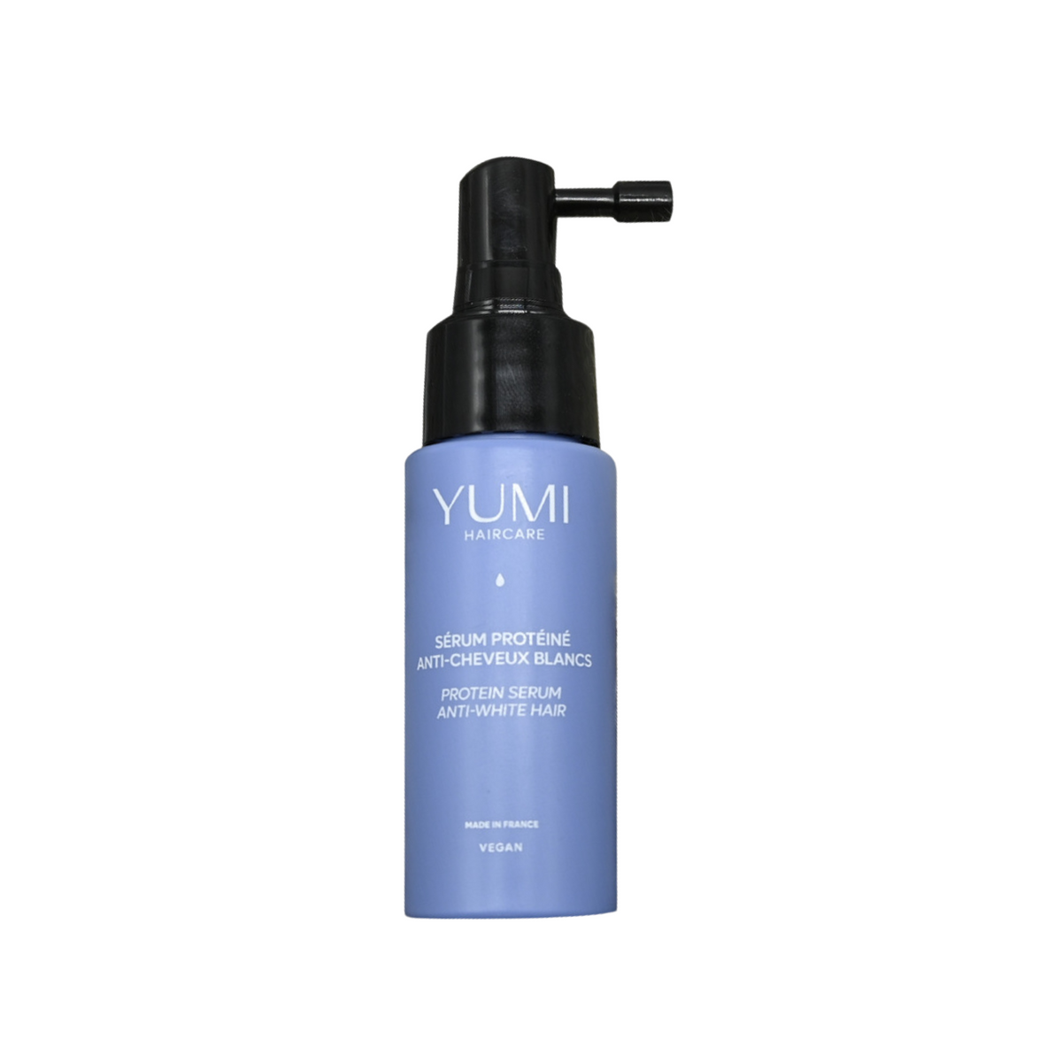 Yumi Haircare Anti White Hair Protein Serum bottle, hair care product for nourishing and reducing white hair appearance.