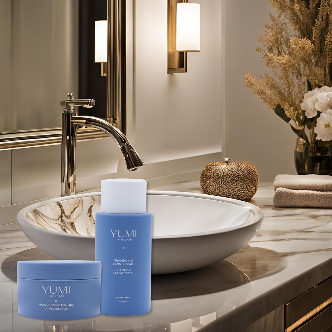 Yumi Haircare Shine and Protect Duo bundle featuring two haircare products with shiny, smooth, and protected hair.