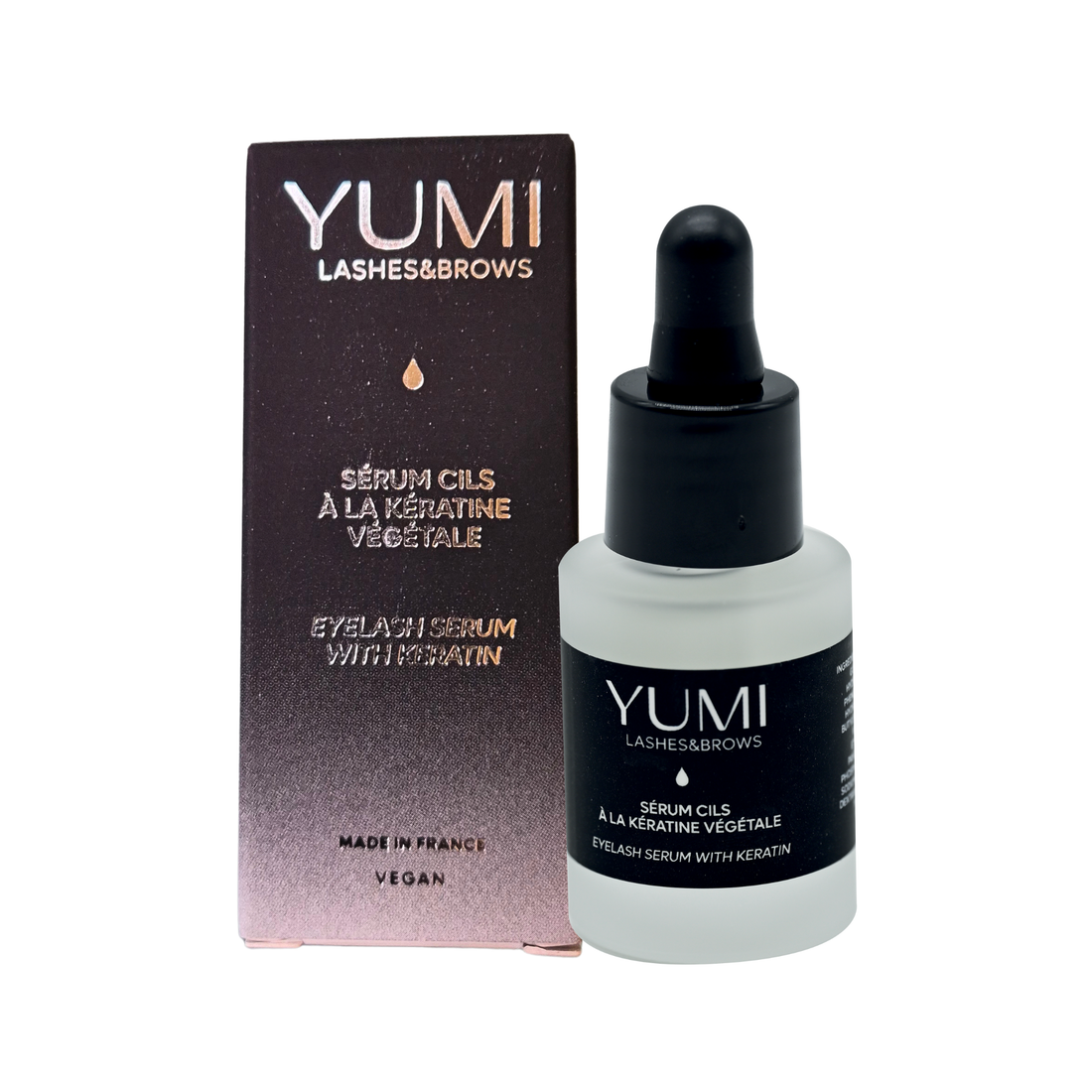 Yumi Lashes & Brow eyelash serum with keratin in a sleek bottle, designed to enhance lash and brow growth naturally