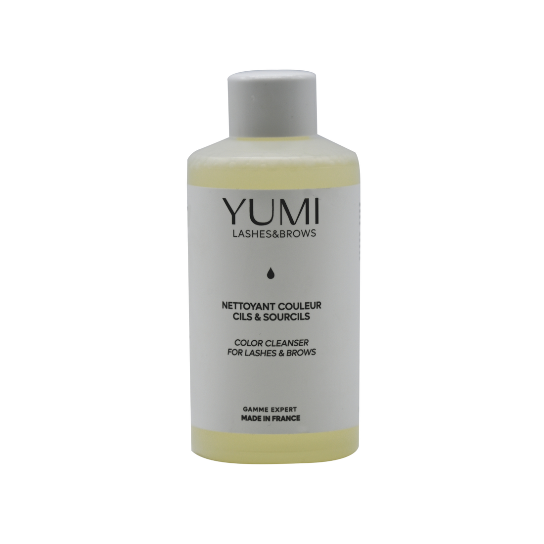Yumi Lashes & Brows Color Cleanser for lashes and eyebrows, in a sleek bottle, used for removing color from lashes and brows.