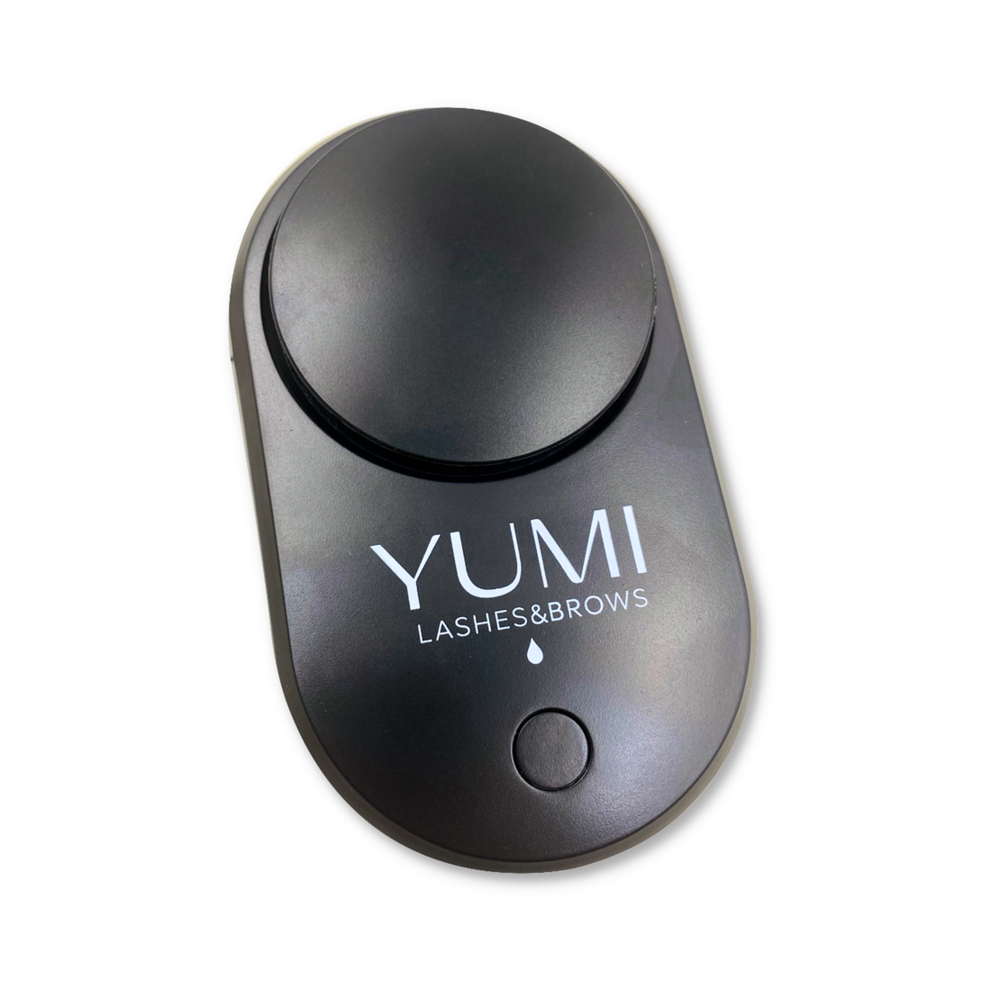 Yumi Lashes & Brows Mini USB Fan with pink and white design, compact portable fan for lashes and brows styling.