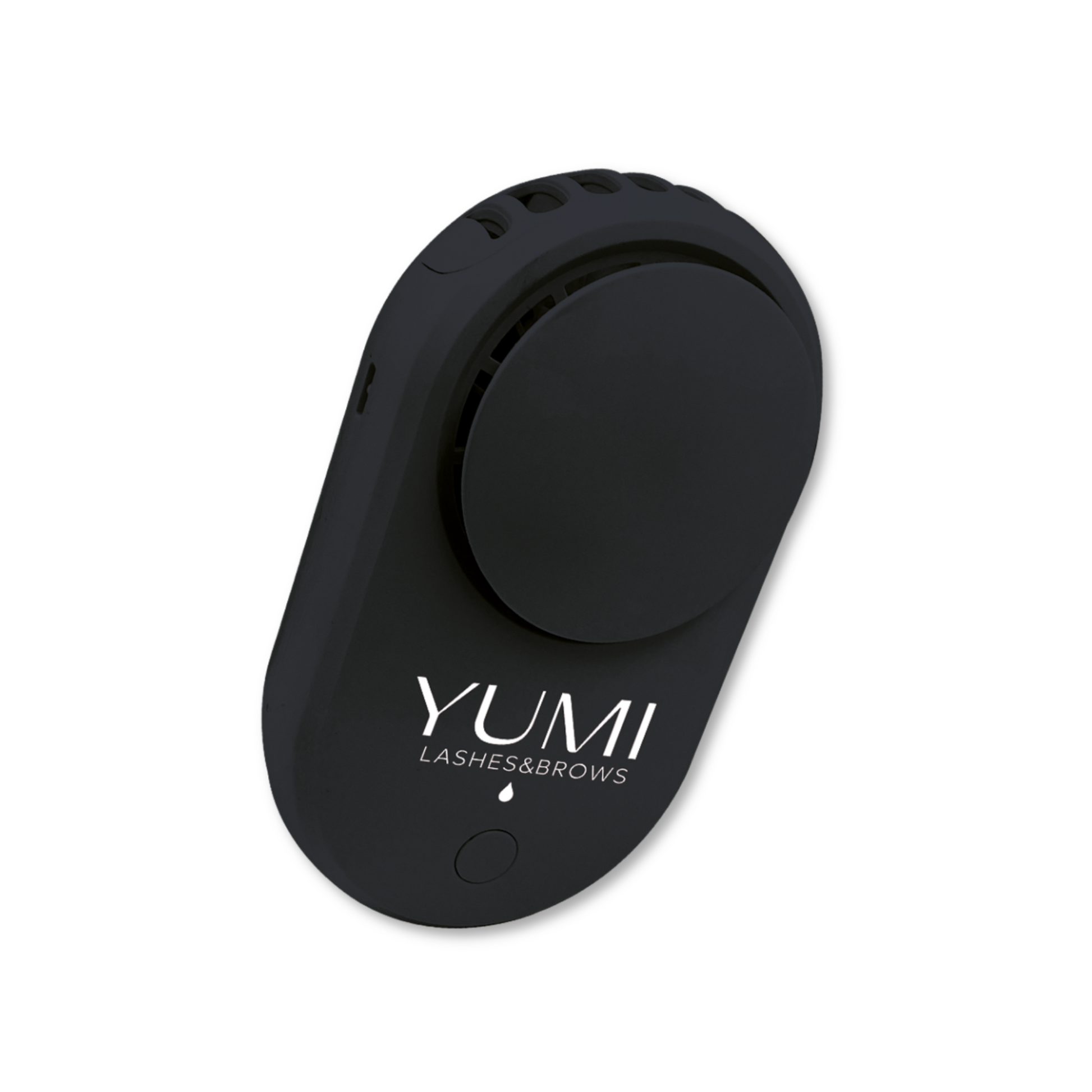 Yumi Lashes & Brows Mini USB Fan showing compact black fan with Yumi Lashes branding, ideal for lash and brow care.