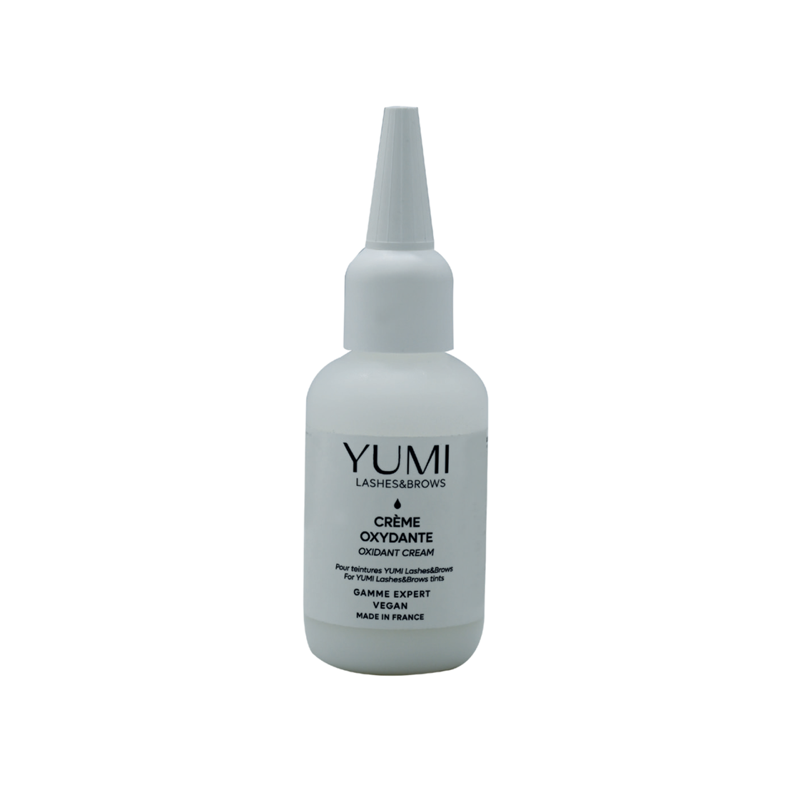 Yumi Lashes & Brows Oxidant Cream 2% in a small jar, used for eyelash and eyebrow tinting.