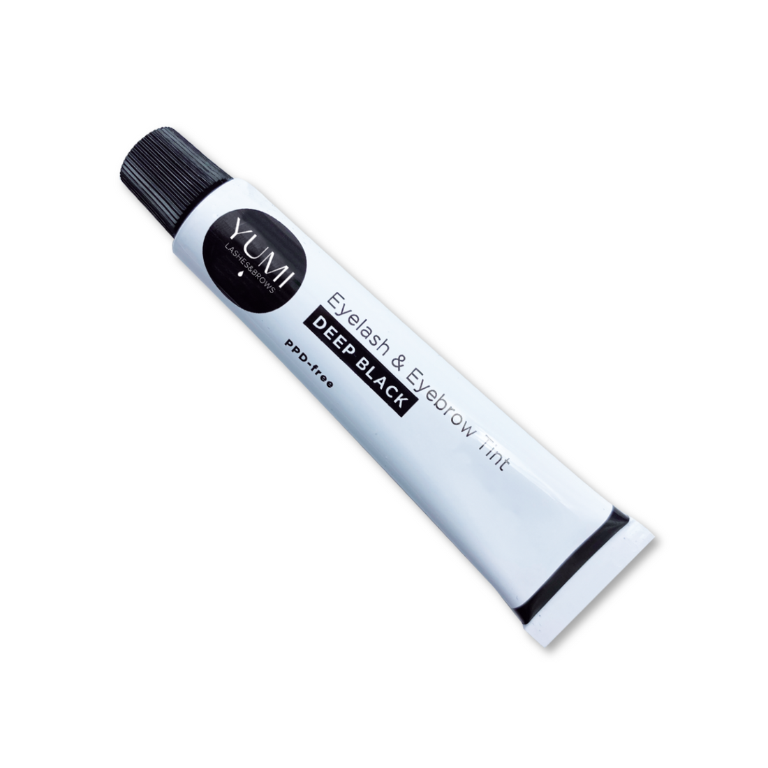 Yumi Lashes & Brows PPD-Free Deep Black tint applied to lashes and eyebrows, showcasing a bold, natural black color.