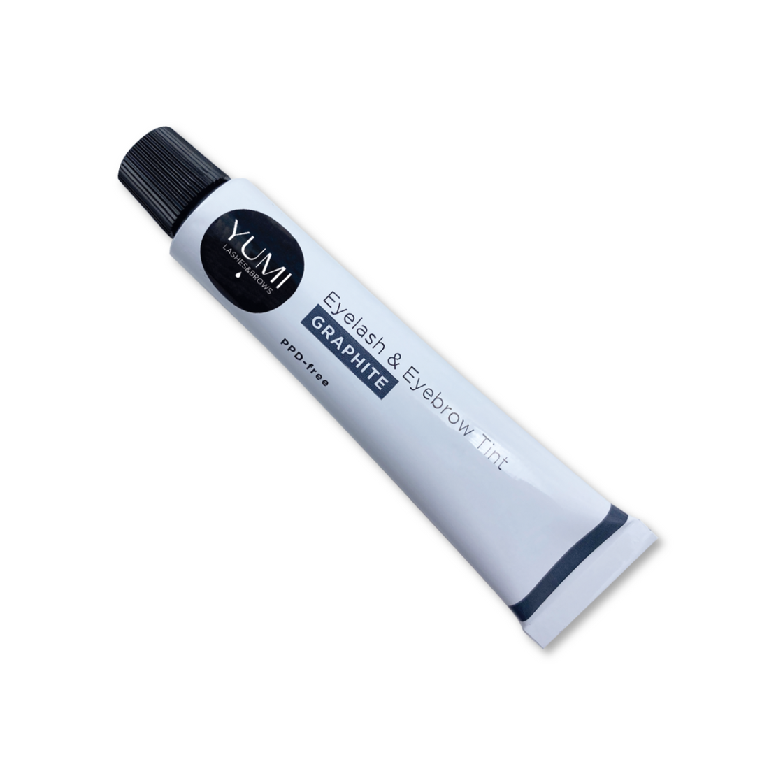 Yumi Lashes & Brows PPD-Free Tint in Graphite showing a close-up of tinted eyebrows and lashes with a natural, defined look.