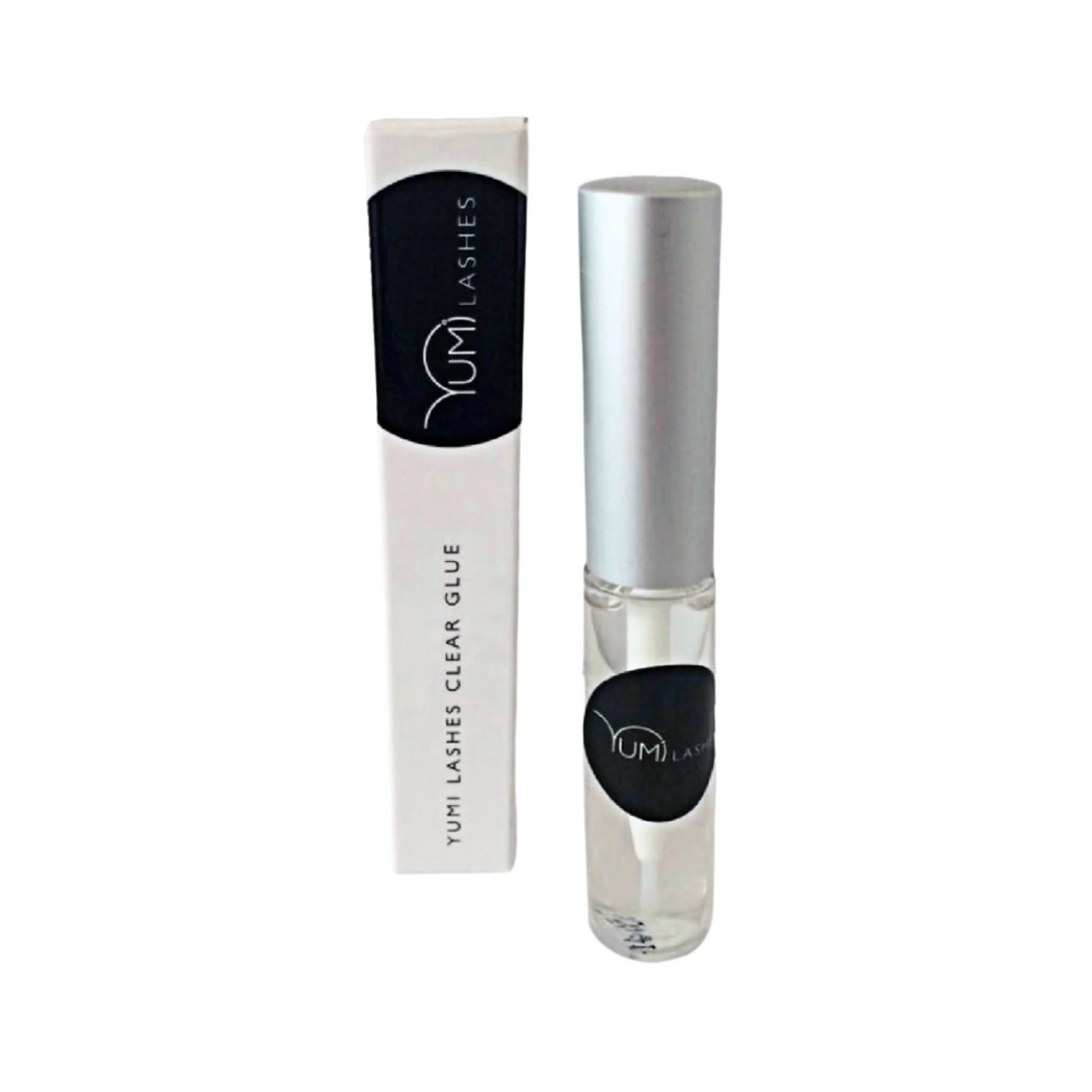 Yumi Lashes Clear Glue for lashes and brows, transparent adhesive with applicator brush, designed for secure, natural-looking application.