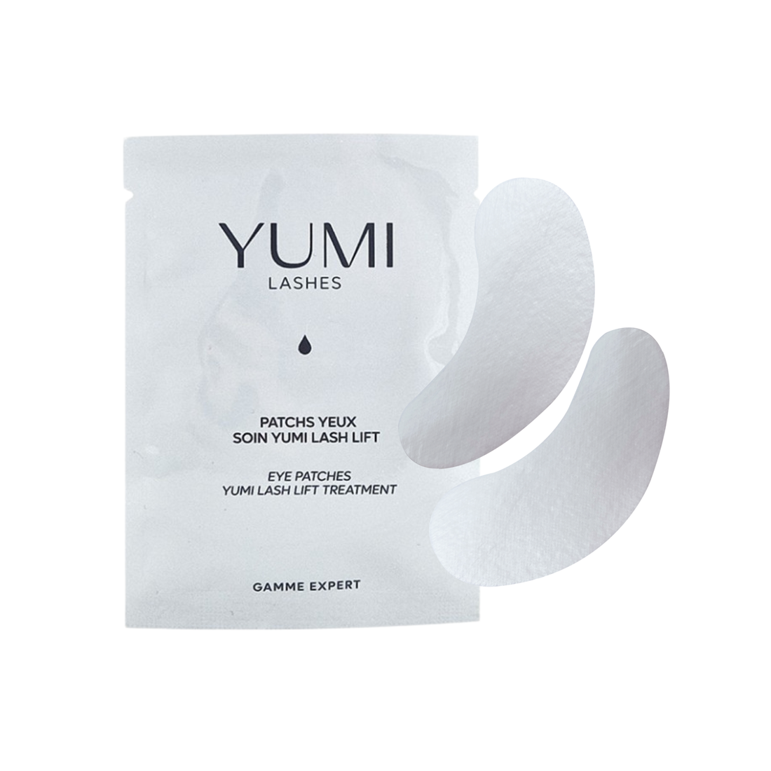 Yumi Lashes Eye Patches in a pair, designed to hydrate and refresh the under-eye area, featuring the Yumi Lashes brand.
