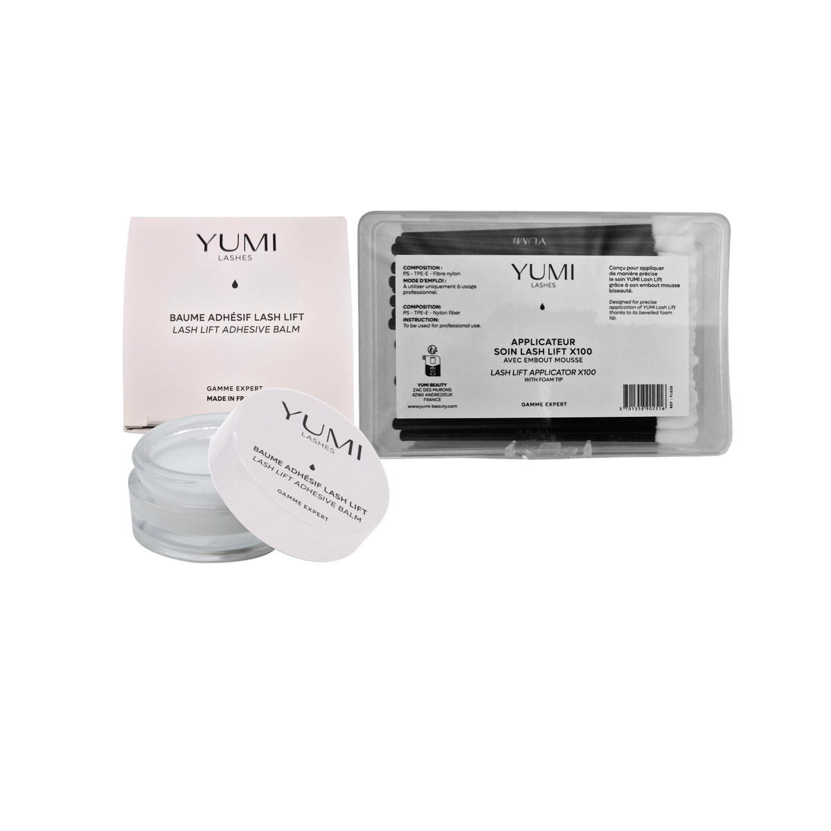 Yumi Lashes Lash Lift Adhesive Balm and applicators for professional lash and brow lift treatments.