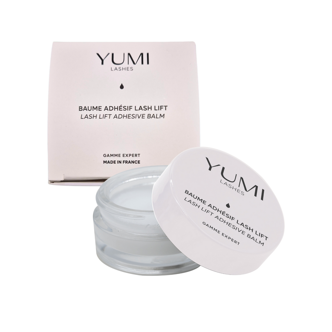 Yumi Lashes Lash Lift Adhesive Balm for lashes and brows, in a small jar with a clear lid, used for eyelash lift procedures.